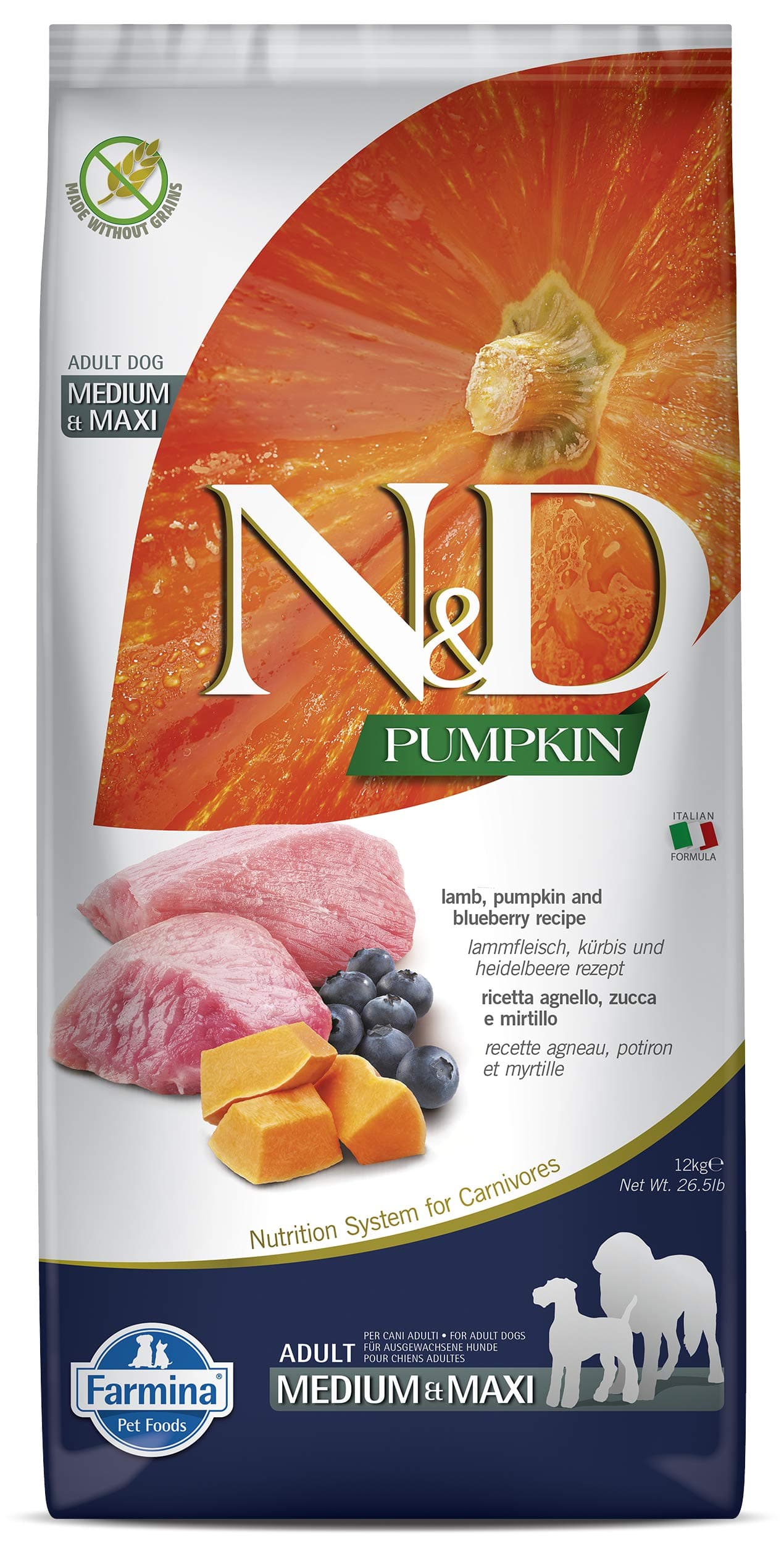 N&D Pumpkin Dry Dog Pet Food, Grain-Free, Adult Medium & Maxi Breed, 12-kg, Lamb and Blueberry
