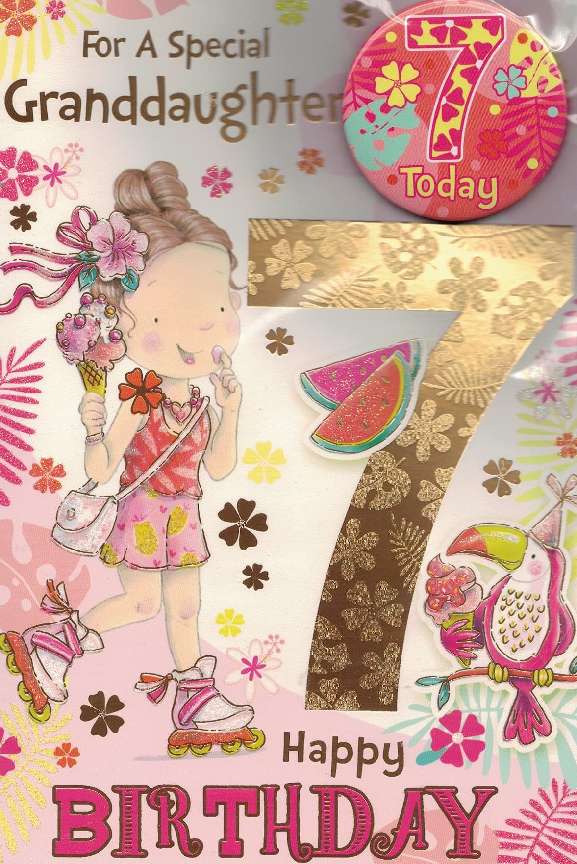 Sensations / Xpress Yourself Express Yourself Birthday Card for Granddaughter Age 7 - Envelope and Badge Included - Animated Little Girl Eating an Ice Cream on Pink Font Design for Her,22.8 x 15.3 cm