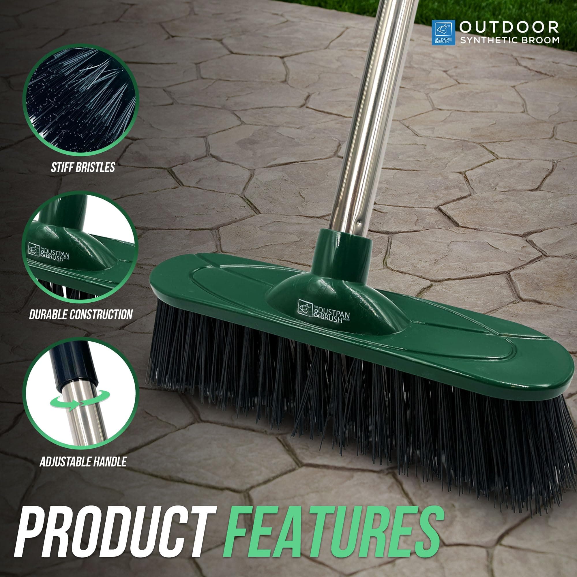 TDBS The Dustpan and Brush Store Yard Broom Outdoor Heavy Duty, 10” Synthetic Hard Bristle Head 4-Sections Stainless Steel H le, Stiff Sweeping Broom for Cleaning Gardens, Yards, Driveways
