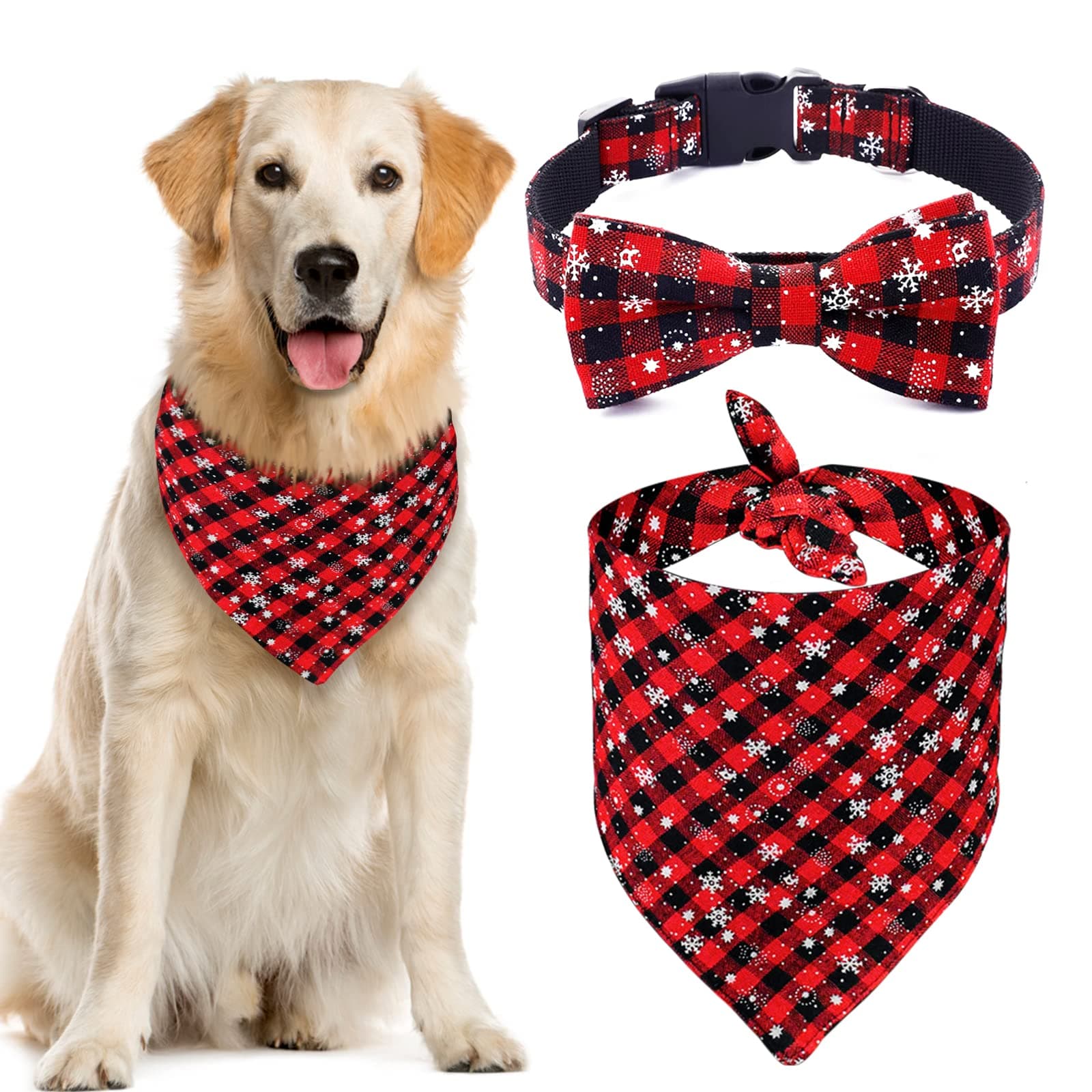 Malier Dog Bandana and Collar Set Pet Christmas Classic Plaid Snowflake Dog Scarf Triangle Bibs Kerchief Adjustable Collars with Bow Tie Pet Costume for Cats Dogs Pets (Small)