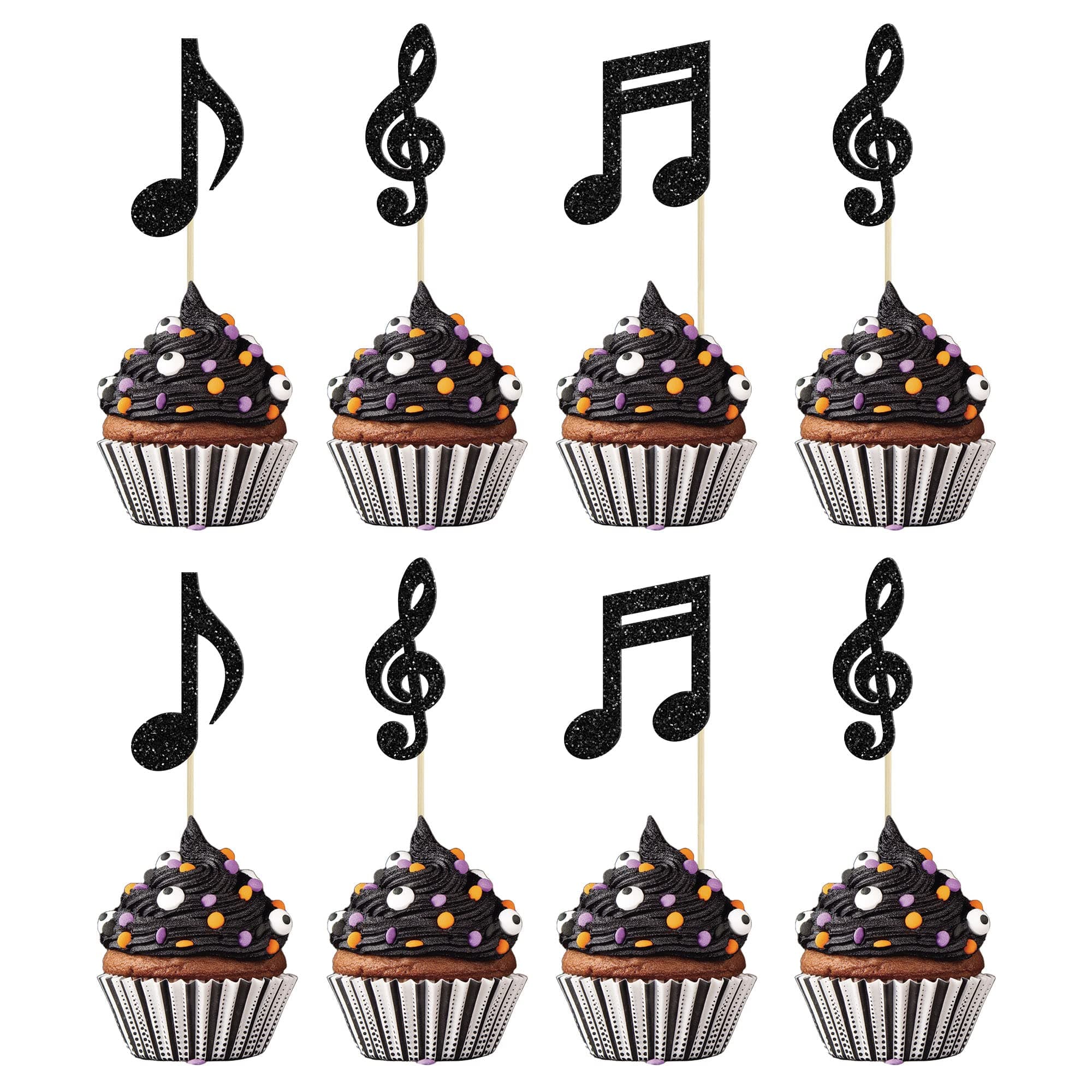 Gyufise 24Pcs Music Notes Cupcake Toppers Black Glitter Musical Symbol Cupcake Picks for Rock Music Concert Theme Baby Shower Wedding Birthday Party Cake Decorations Supplies