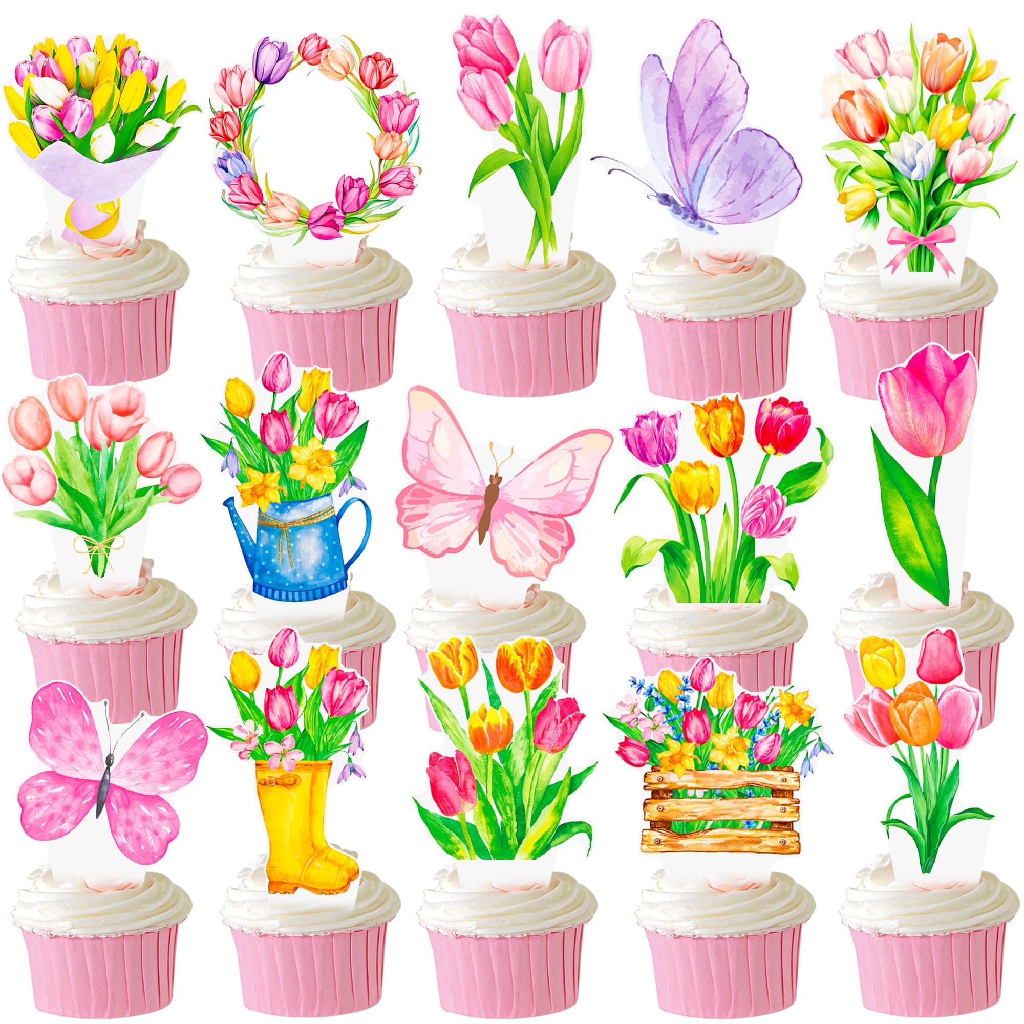 Tulips Cupcake Toppers 48Pcs Tulip Party Decorations Spring Flower Party Supplies Cupcake Picks for Spring Mother's Day Decorations