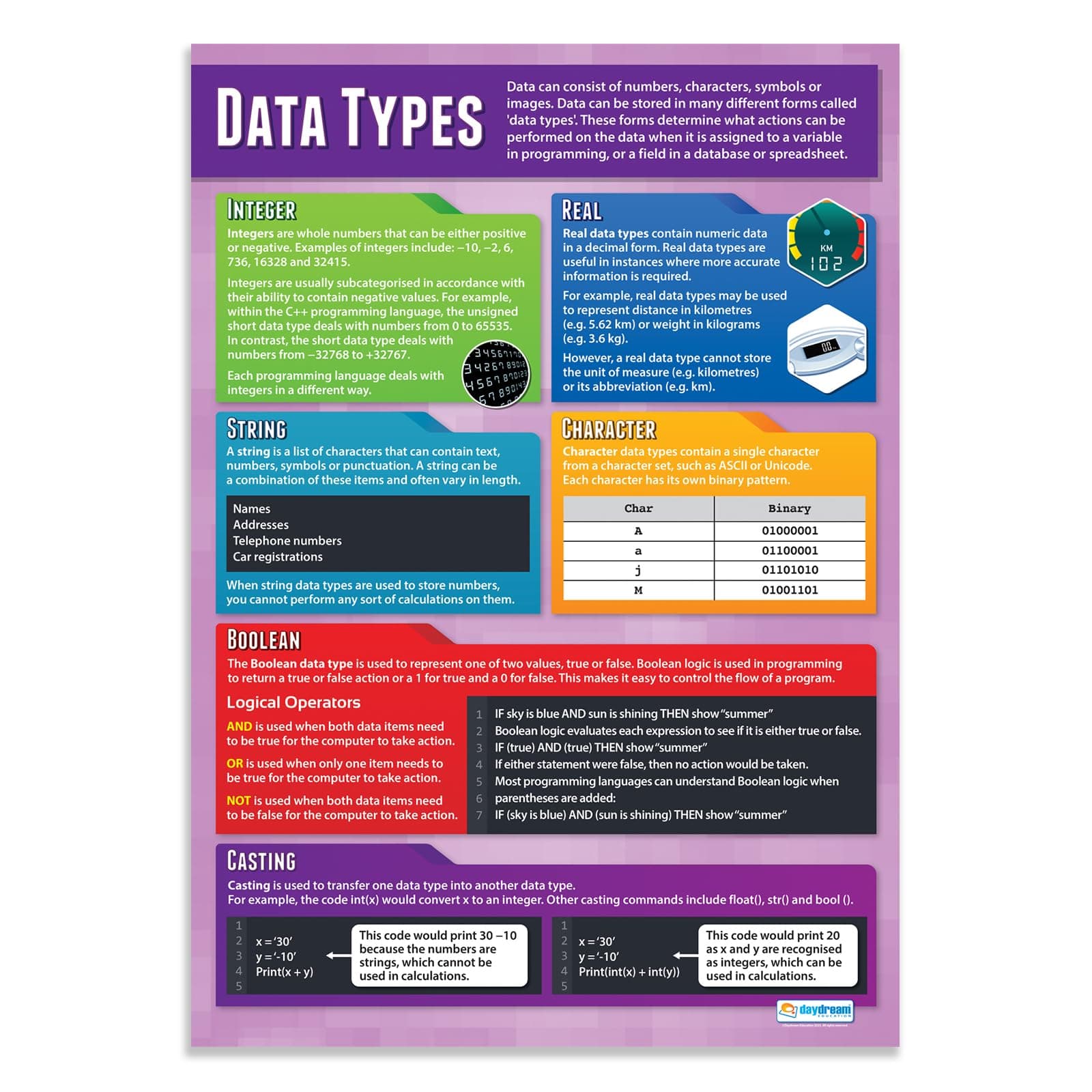 Data Types | Computer Science Posters | Laminated Gloss Paper measuring 850mm x 594mm (A1) | STEM Posters for the Classroom | Education Charts