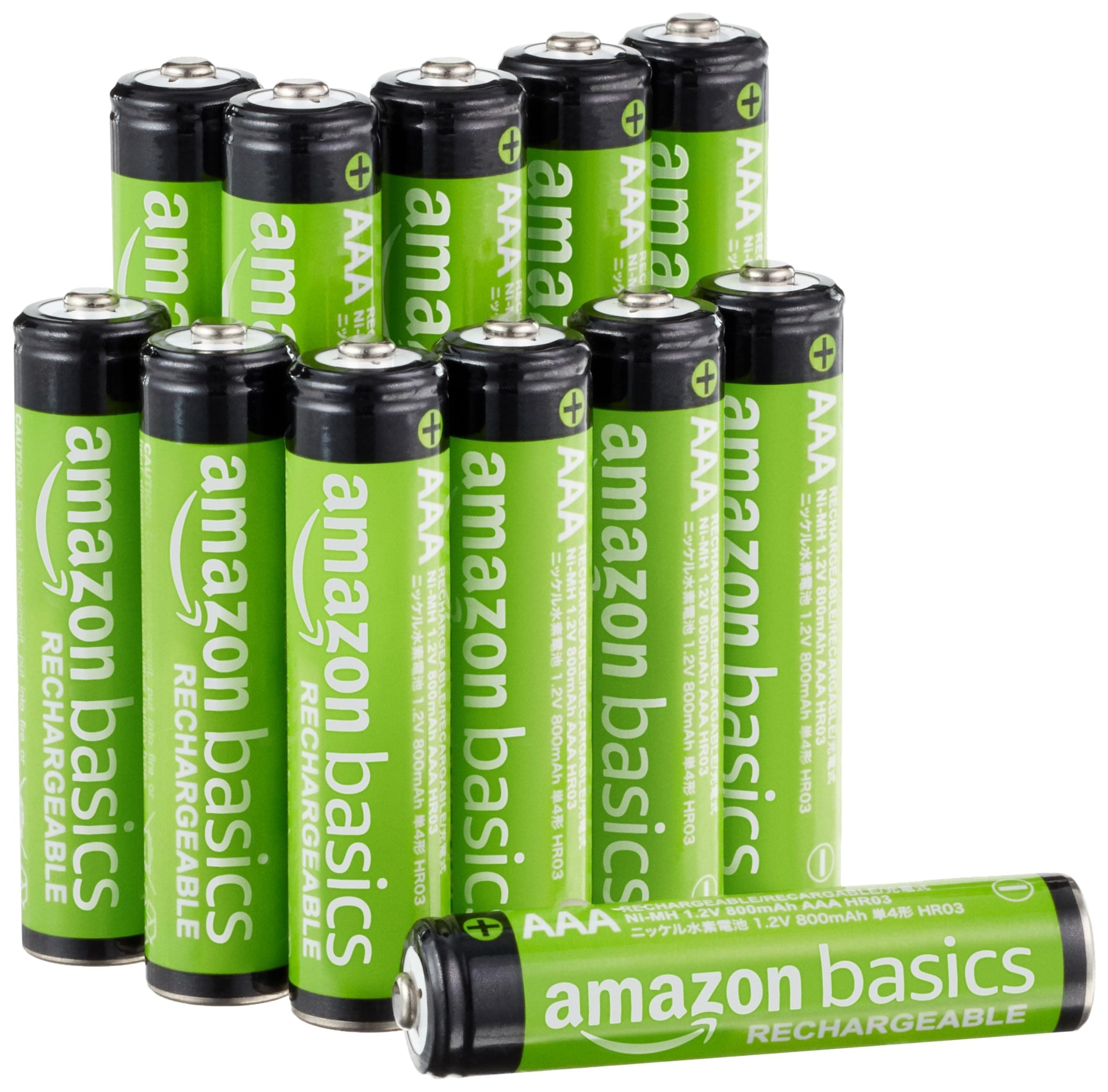 Amazon Basics 12-Pack Rechargeable AAA NiMH Batteries, 800 mAh, 1.2V, Low Self-Discharge, Pre-Charged, Recharge up to 1000x Times