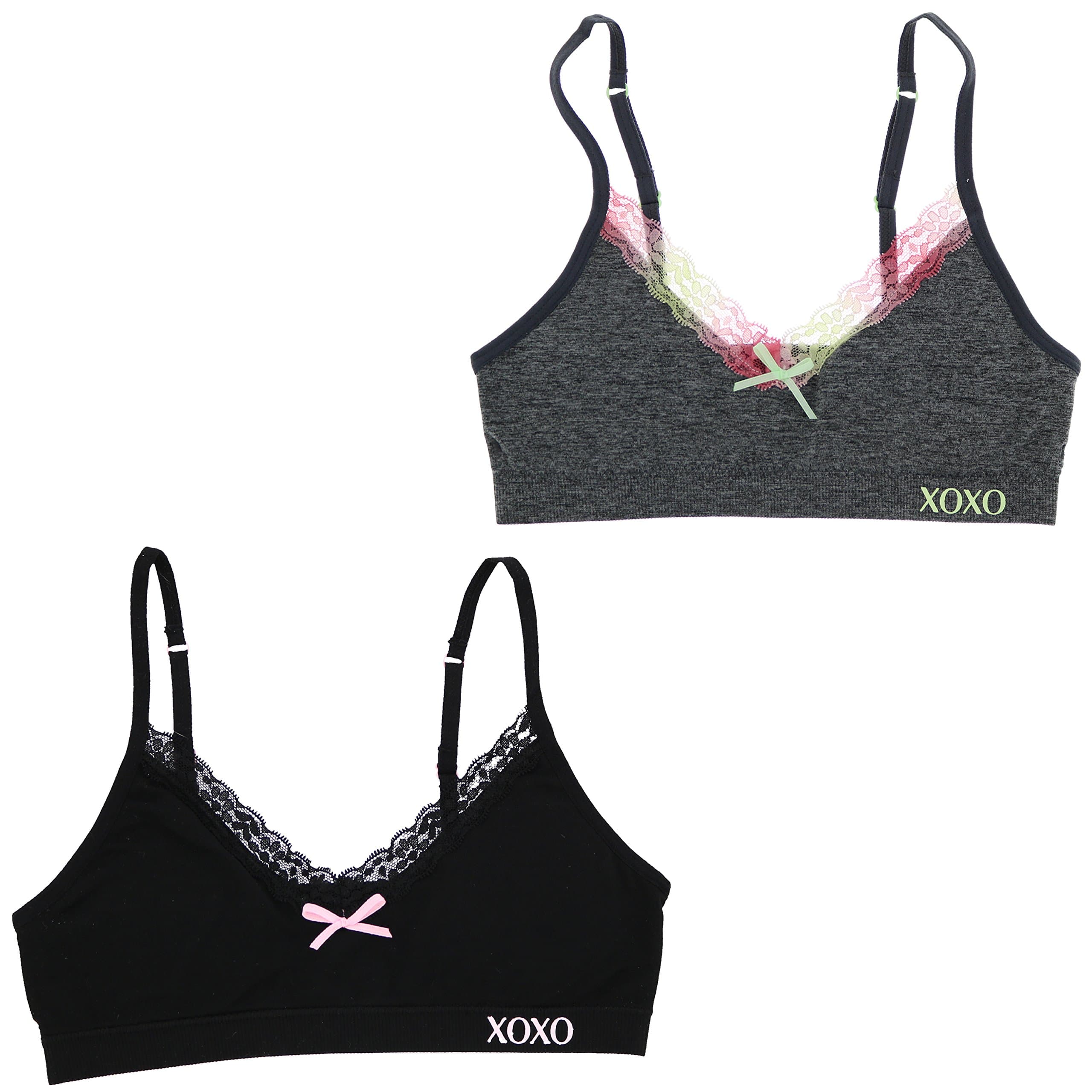 XOXO Girl Training Bra Set With Removable Pads, Lace Trim (2 Bras) (32 Medium, Black, Grey)