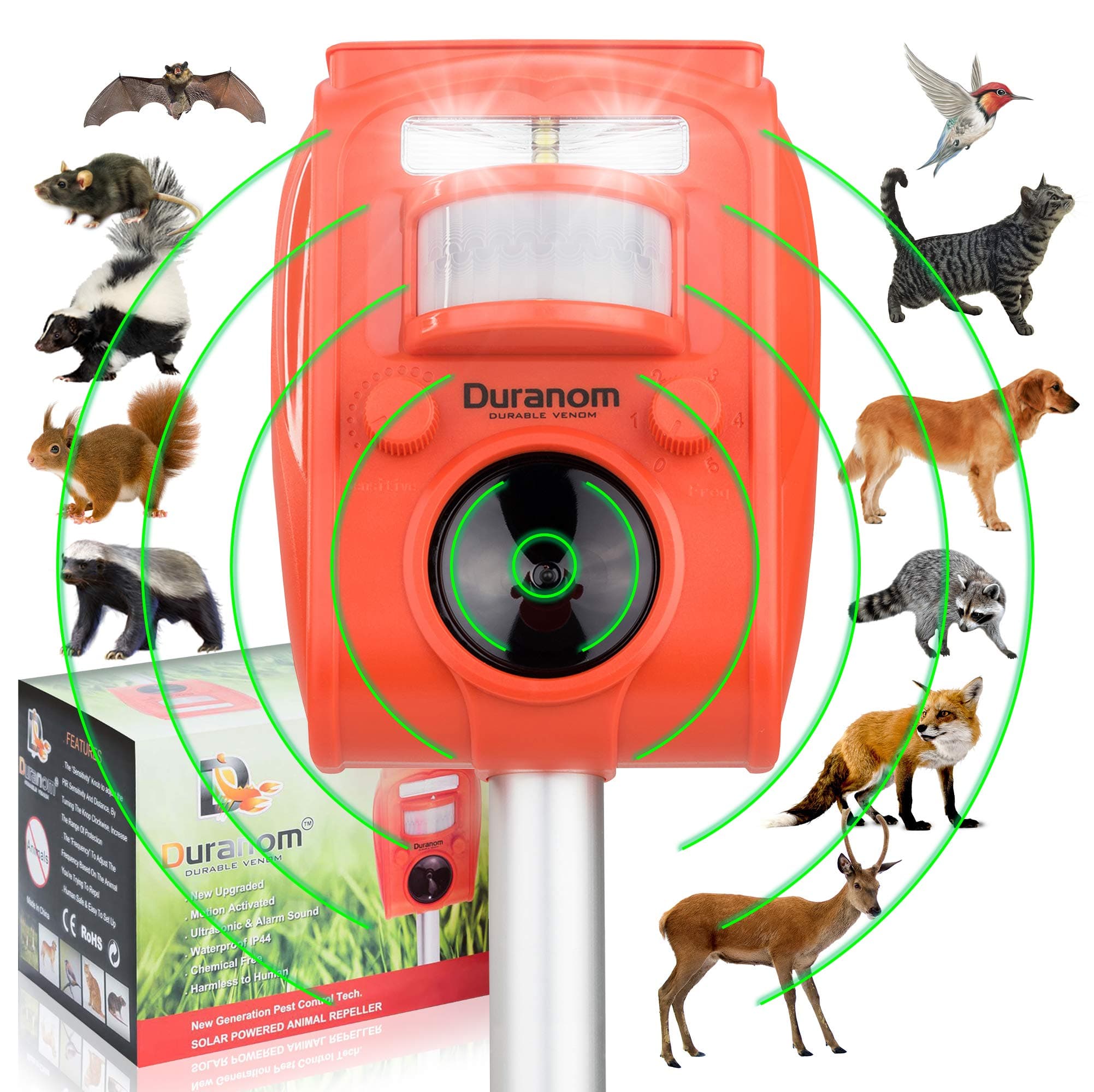 Wild Animal Repeller Outdoor - Ultrasonic Solar Powered Motion Activated - Strobe Flashing Light Deer Repellent