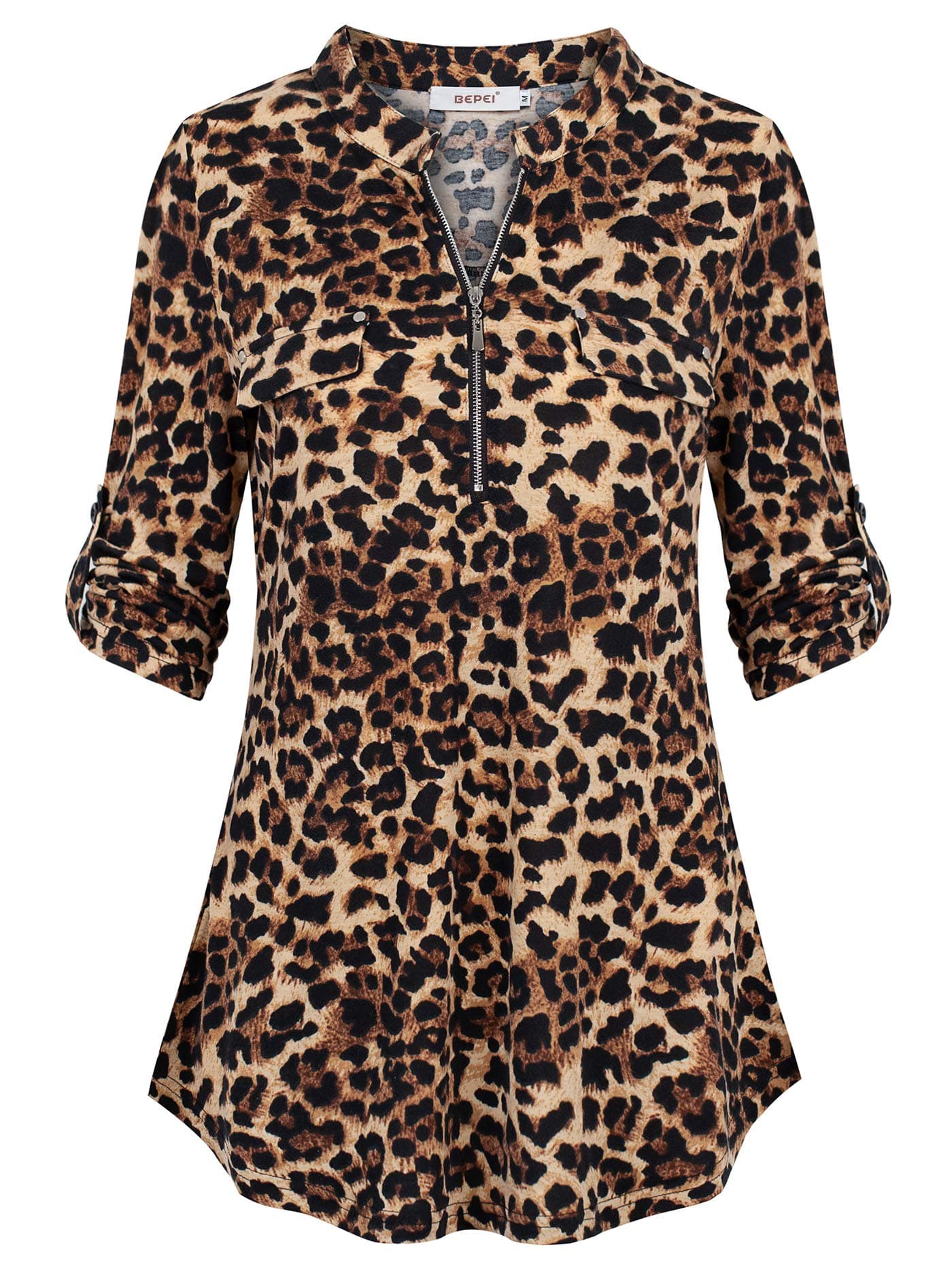 BEPEI Womens Floral 3/4 Sleeve Shirts Zip up V Neck Work Chiffon Blouses Top