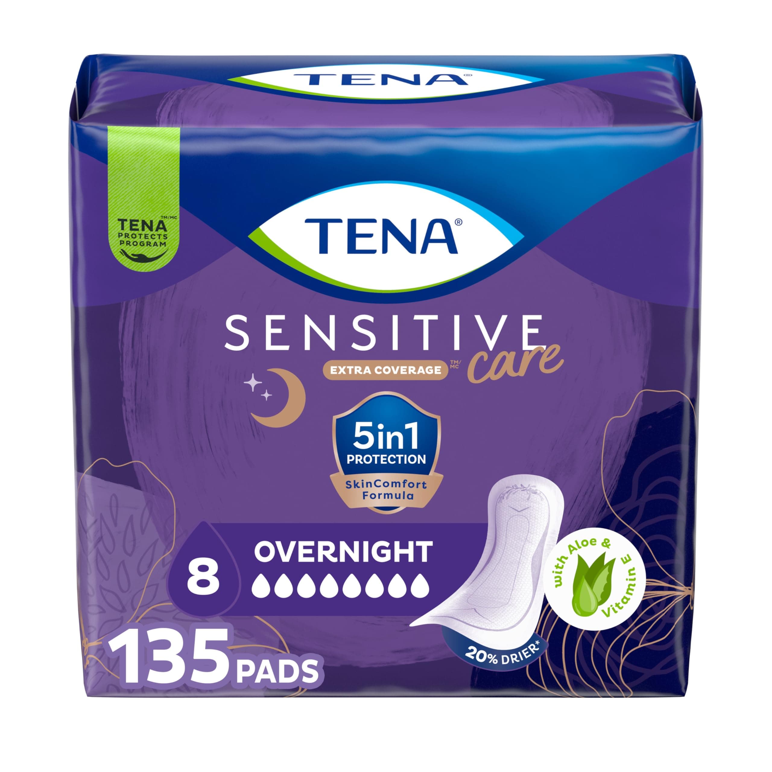 TENA Sensitive Care Incontinence Pads, Bladder Control, Postpartum for Women, Overnight Absorbency, Extra Coverage, 135 Count