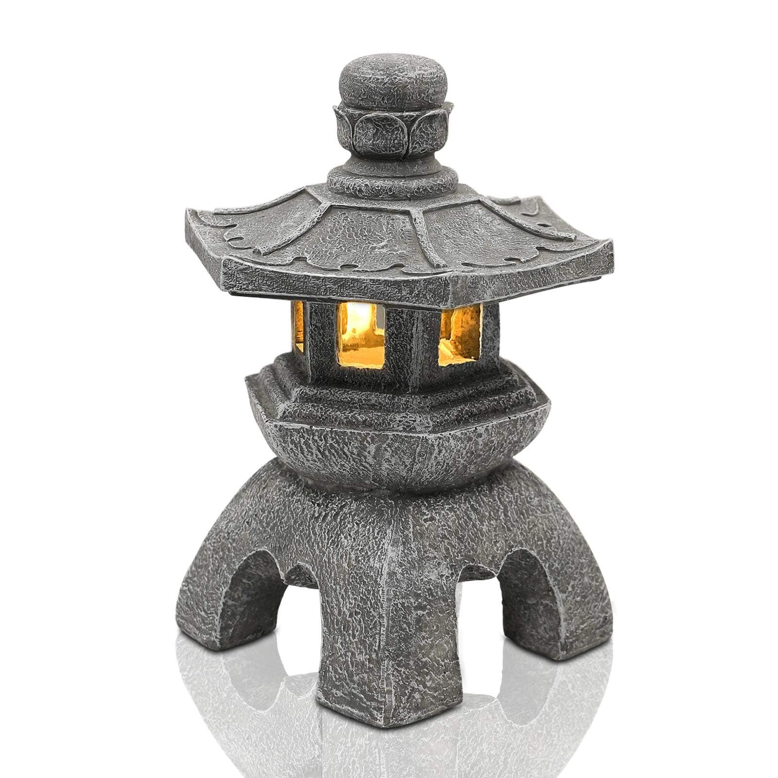Nacome Solar Pagoda Lantern garden statue,Indoor/Outdoor Zen Asian Decor for Landscape Balcony,Garden,Patio,Porch Yard Art Ornament,Polyresin, Gray stone finish
