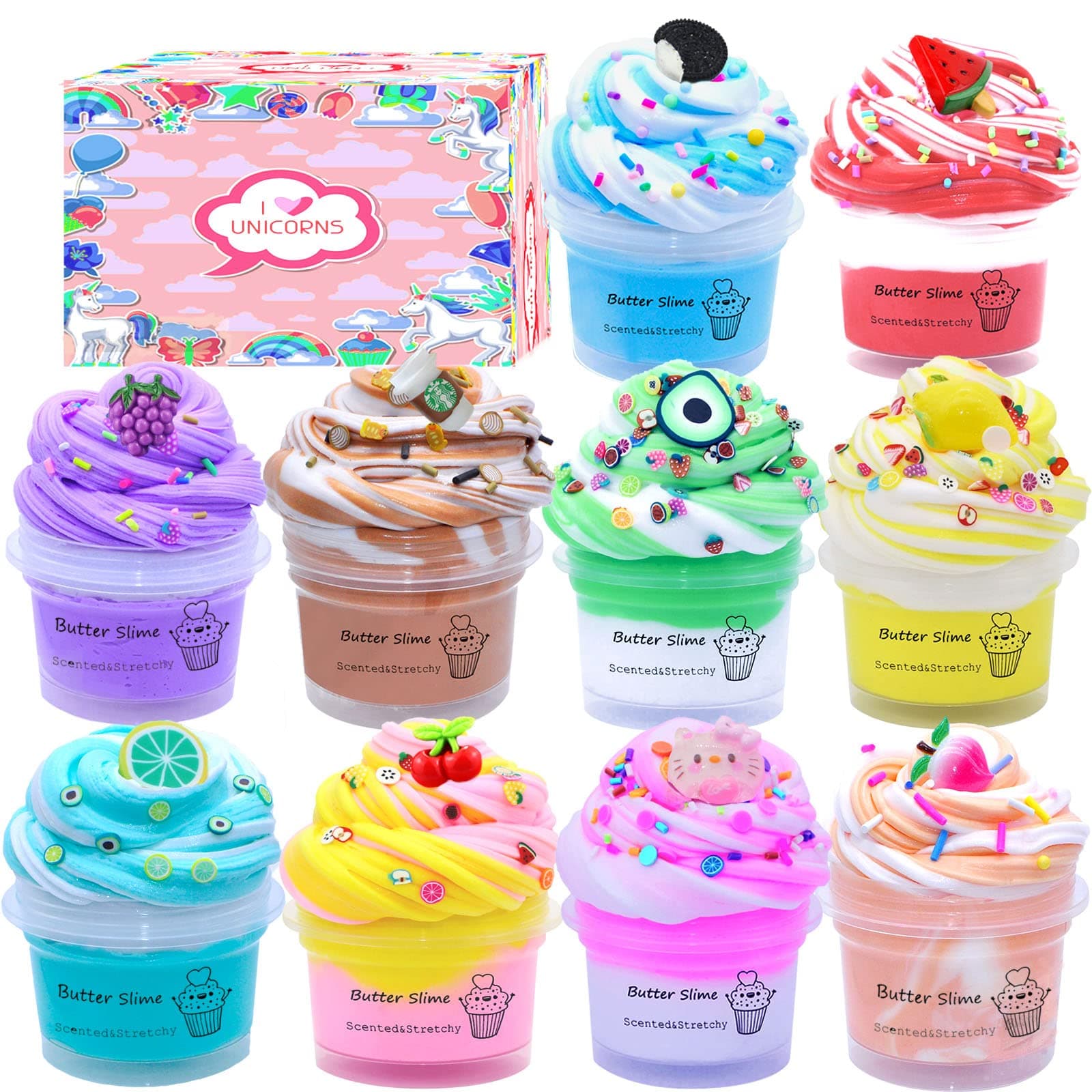 Butter Slime Kit for Girls 10 Pack, Party Favors with Watermelon, Coffee, Mint, Candy, and Lemon Slime, Stretchy and Non-Sticky, Stress Relief Toy for Boys, Easter Basket Stuffers 11 Colors