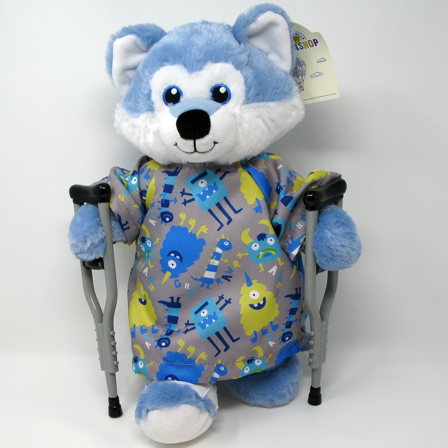 Blue Husky Puppy Dog Get Well Patient in Hospital Gown Crutch Set and Broken Leg Cast
