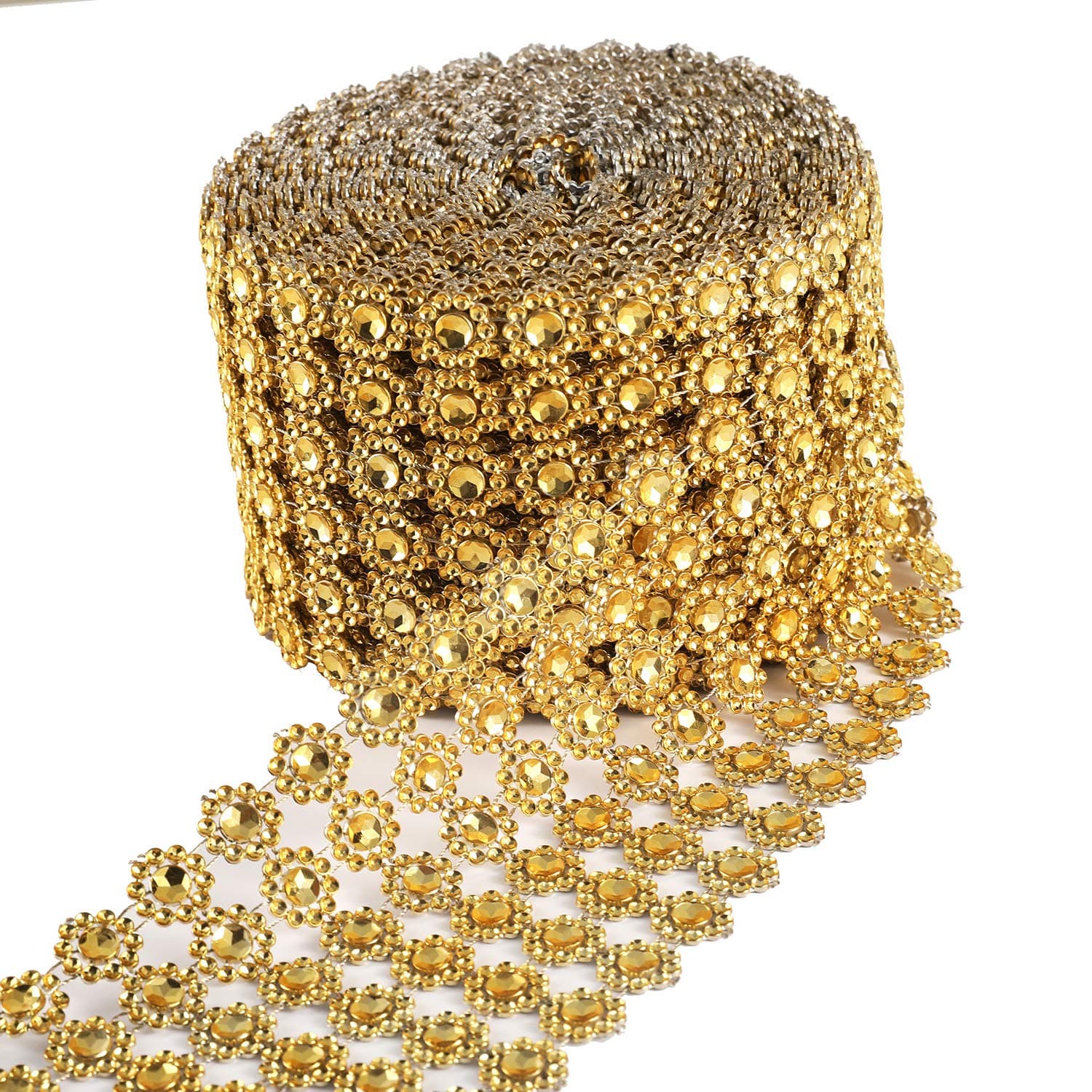 6 Row,4" x10 Yard,Silver Flower Diamond Rhinestone Crystal Mesh Ribbon Wrap Roll for Wedding Decorations, Wedding Cake, Birthdays, Party Supplies, Arts & Crafts(Flower Pattern 10 Yards) (Golden)