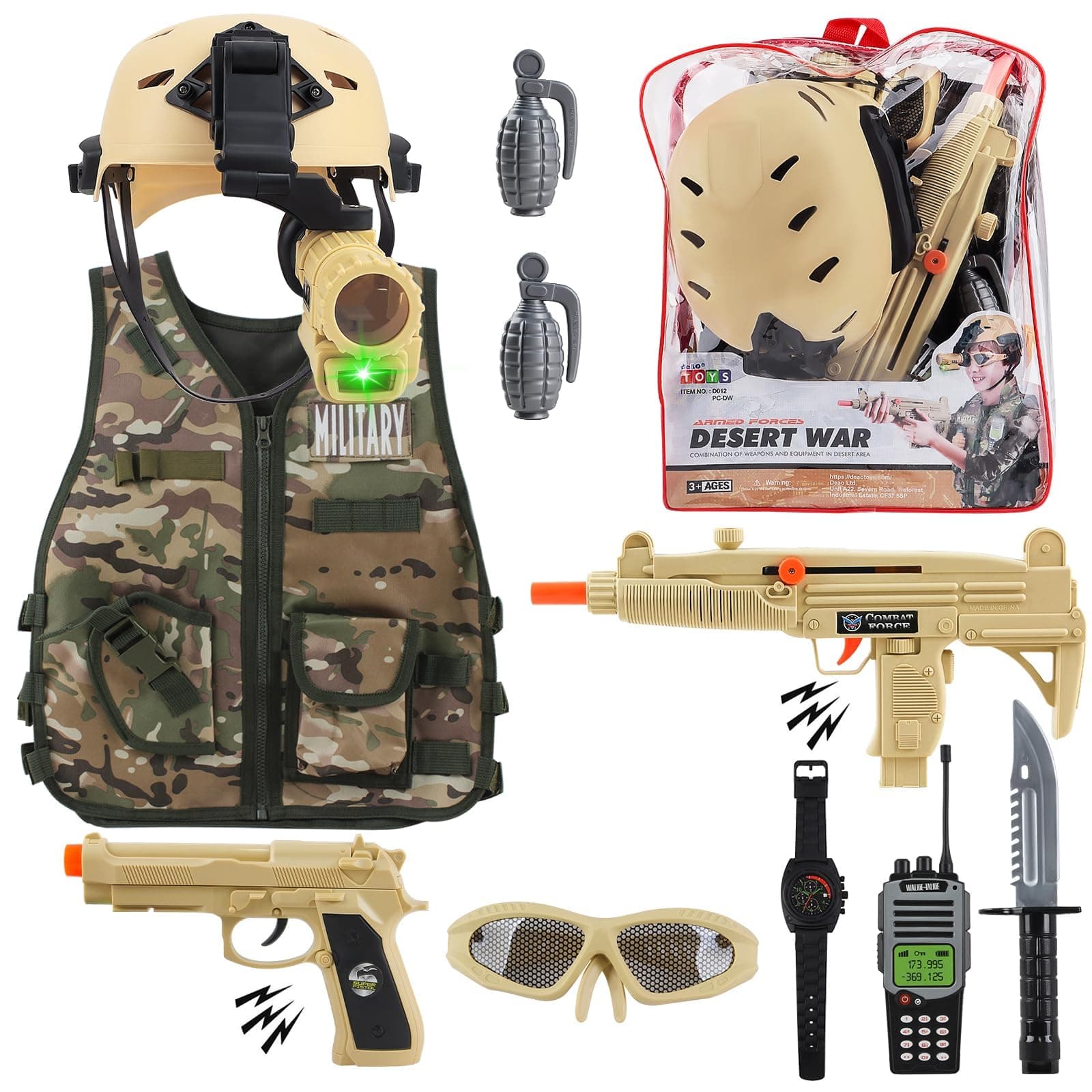 deAO Army Costume for Boys, Military Soldier Gear Accessories with Uniform Helmet and Storage Backpack Halloween Army Combat Costume Police Set Dress Up Toys for Kids Girls