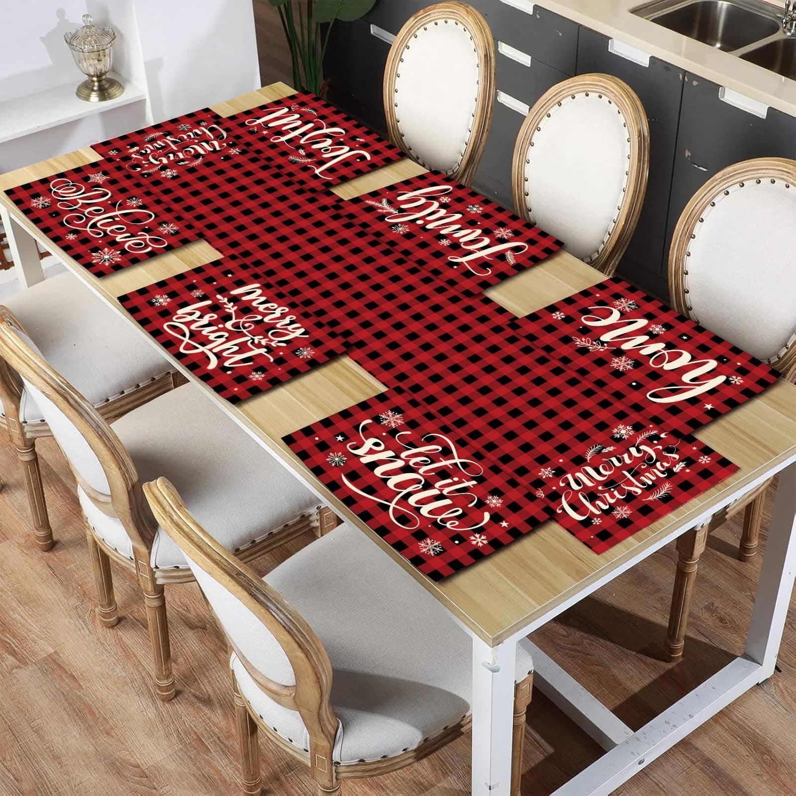 7 Pieces Christmas Table Runner Placemats Decorations for Dining Table Vintage Farmhouse Holiday Table Mat Set for Christmas (Artsy Style)
