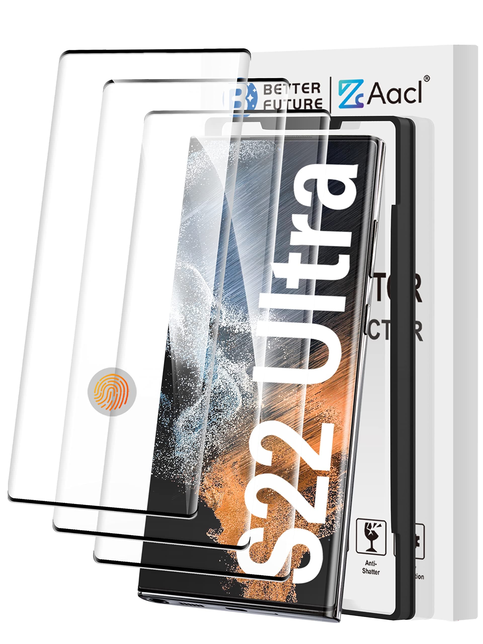 AACL [Fingerprint Compatible][3-Pack] 3D Curved Tempered Glass for Samsung Galaxy S22 Ultra 5G Screen Protector, [Easy Installation with Alignment][Anti-Scratch][Case Friendly]