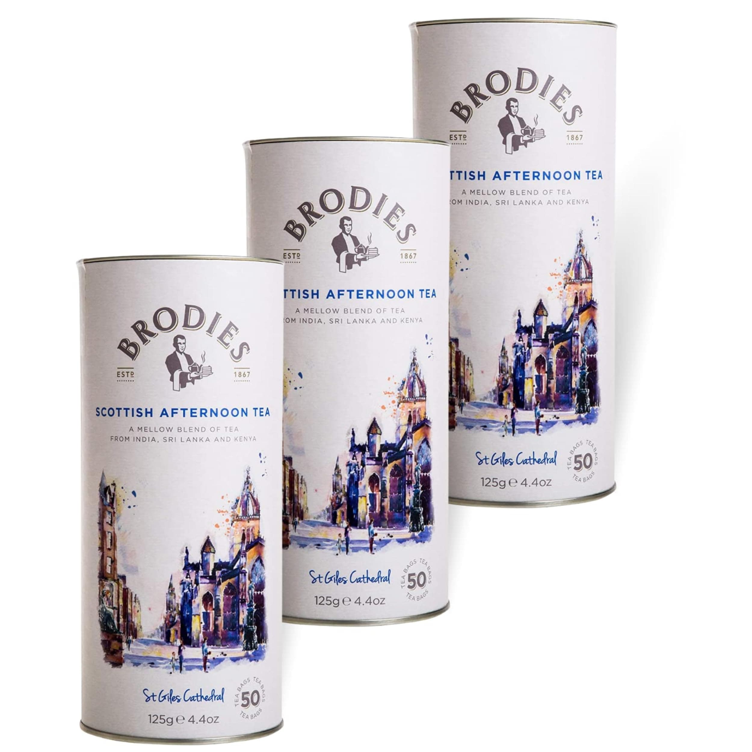 Brodies Tea, Scottish Afternoon Tea, Black Tea Imported from Scotland, Canister of 50 Bags (Pack of 3)
