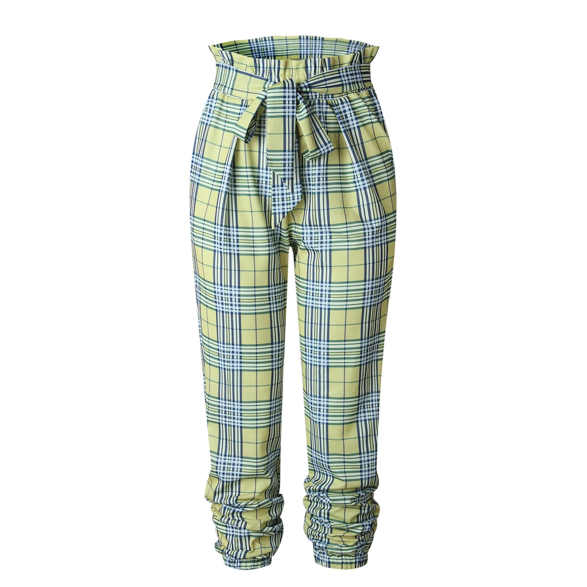 CrazycatZ Womens High Paper Bag Waist Front Tie Ankle Pants Plaid Tartan Trousers