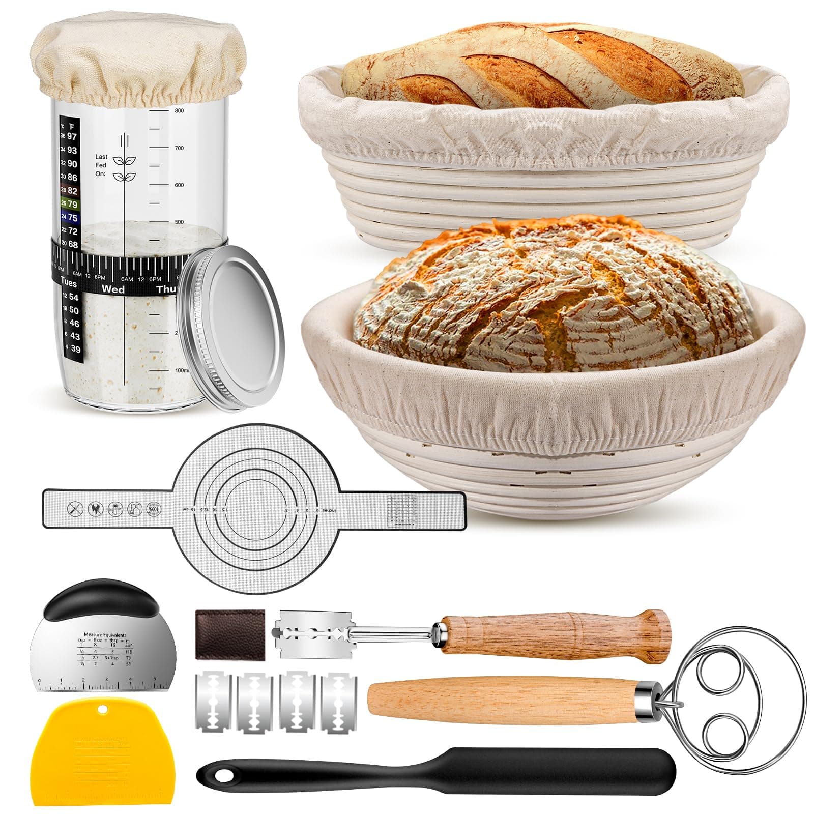 Sourdough Starter Kit with 2 Proofing Baskets, 36oz Sourdough Starter Jar, Bread Lame, Dough Scraper, Dough Whisk & Silicone Bread Sling
