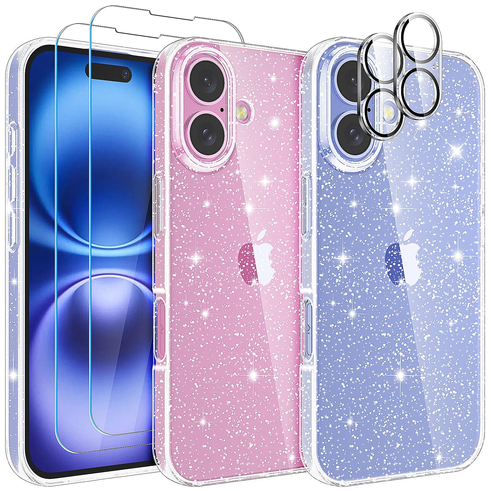 Compatible with iPhone 16 Glitter Clear Case with 2X Screen Protector with 2X Camera Lens Protector, Slim Soft TPU Bumper Anti-Scratch Clear Shockproof Case Women Girls for iPhone 16