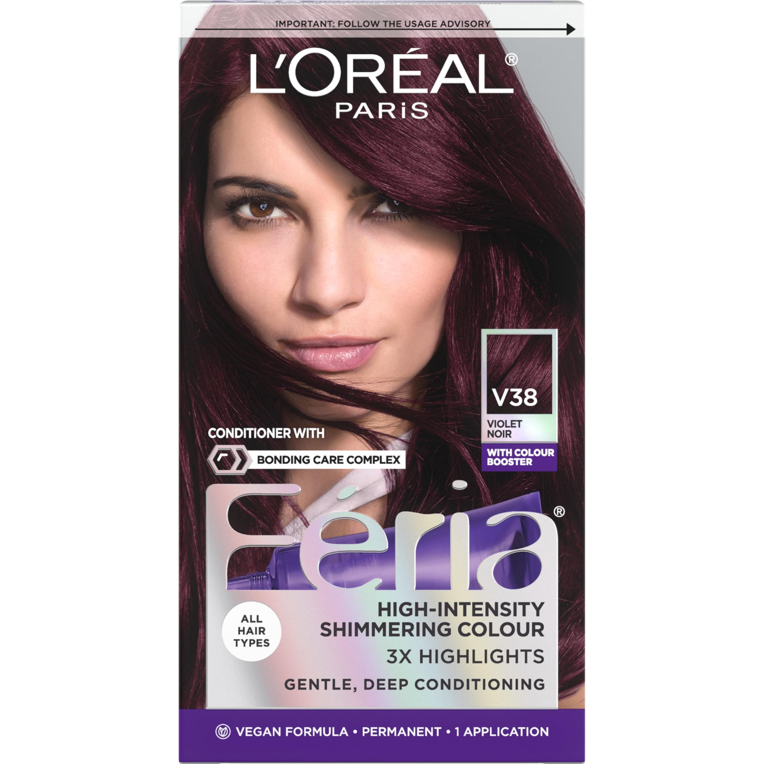 L’Oréal Paris L'Oreal Feria Multi-Faceted Shimmering Permanent Hair Color Hair Dye, V38 Violet Noir (Intense Deep Violet)