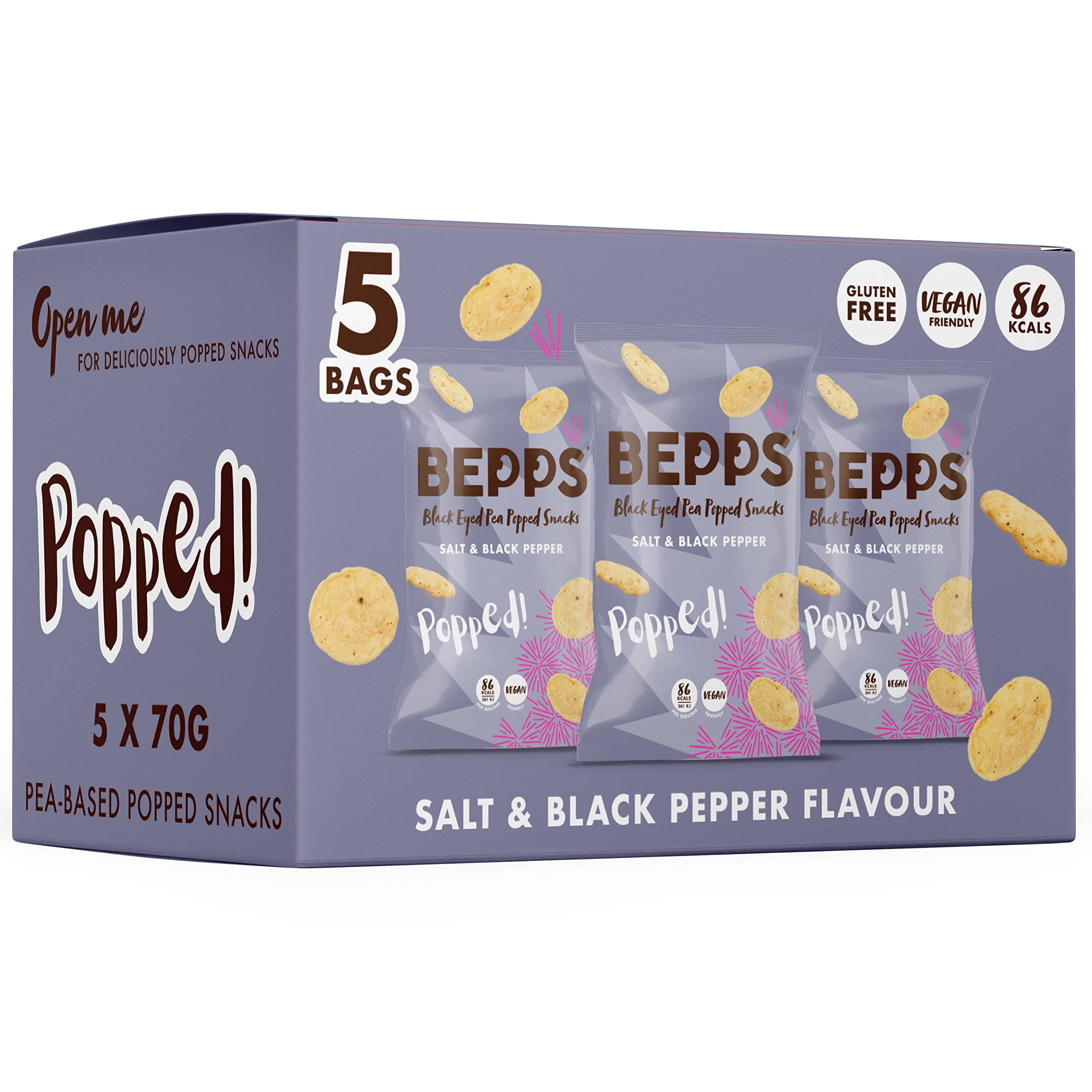 BEPPS - Healthy Snacks Low Calorie Crisps Vegan & Gluten Free - Salt & Pepper Popped Chickpea Crisps Multipack (5 x 70g Bags)
