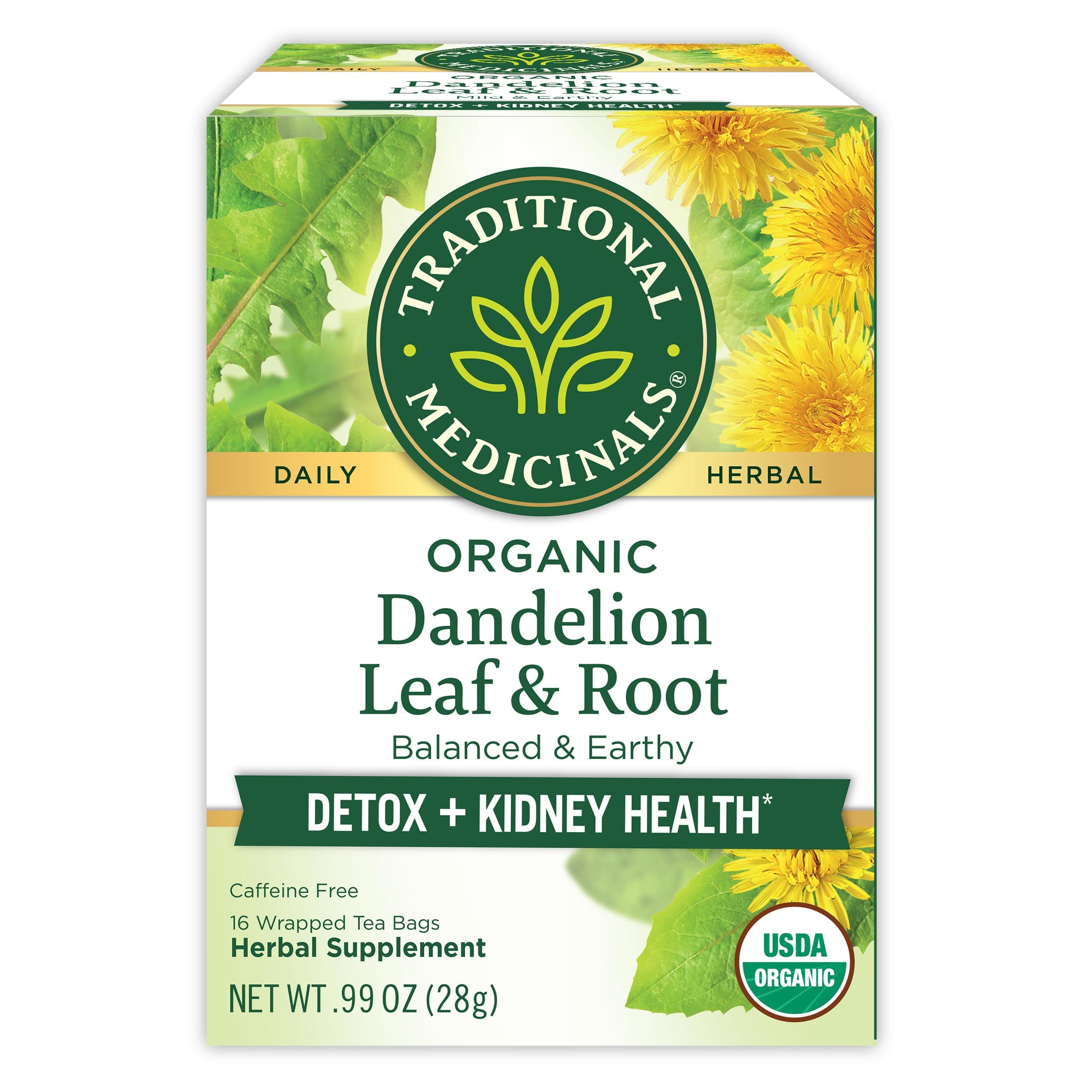 Traditional Medicinals Organic, Dandelion Leaf & Root - Dandelion Root Tea, Supports Normal Detox + Digestion - Kosher, Non-GMO, Caffeine-Free, Compostable - 16 Tea Bags