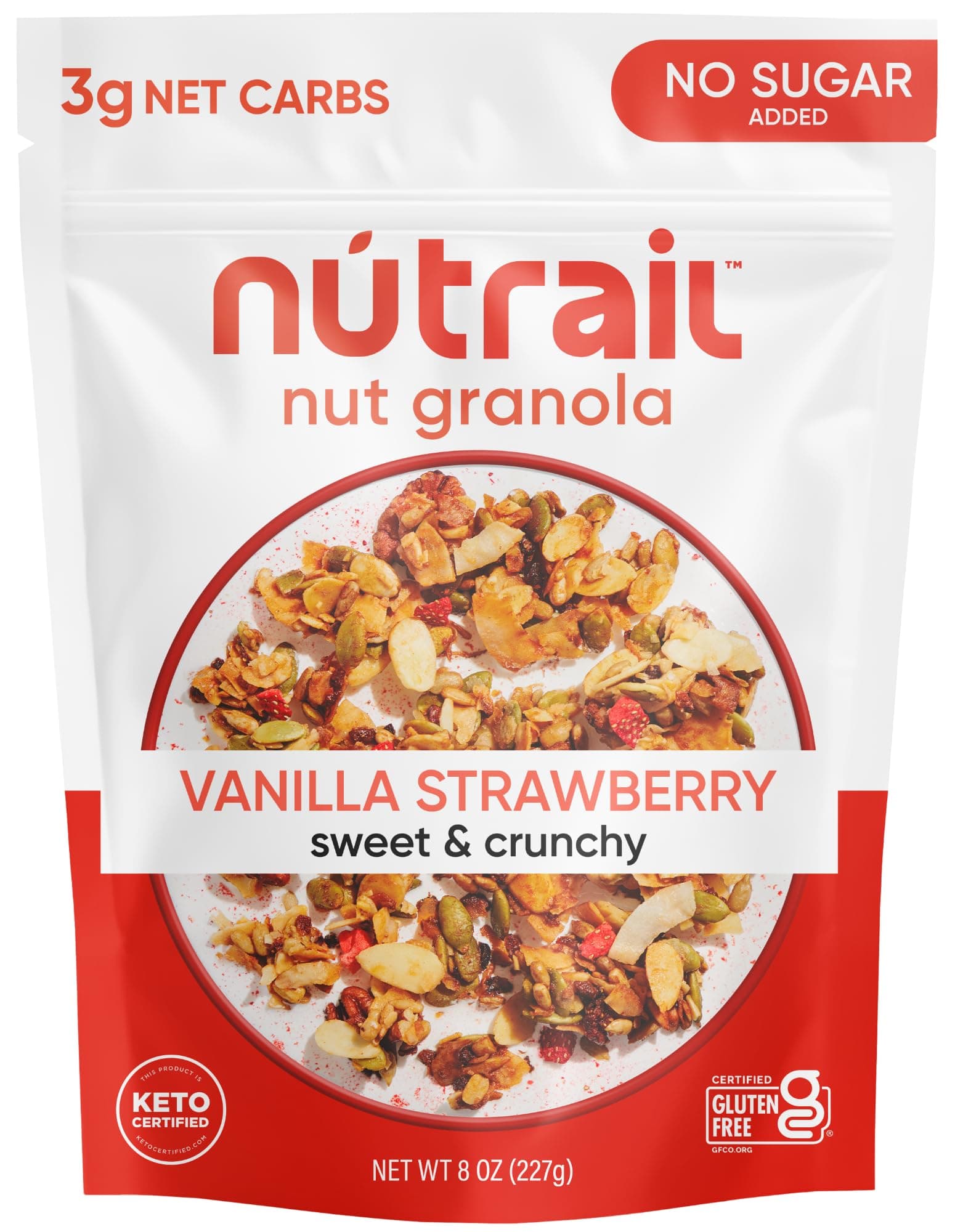 NuTrail Nut Granola Cereal, Vanilla Strawberry, No Sugar Added, Keto, Low Carb, Gluten Free, Grain Free, Healthy Breakfast 8 oz. 1 Count