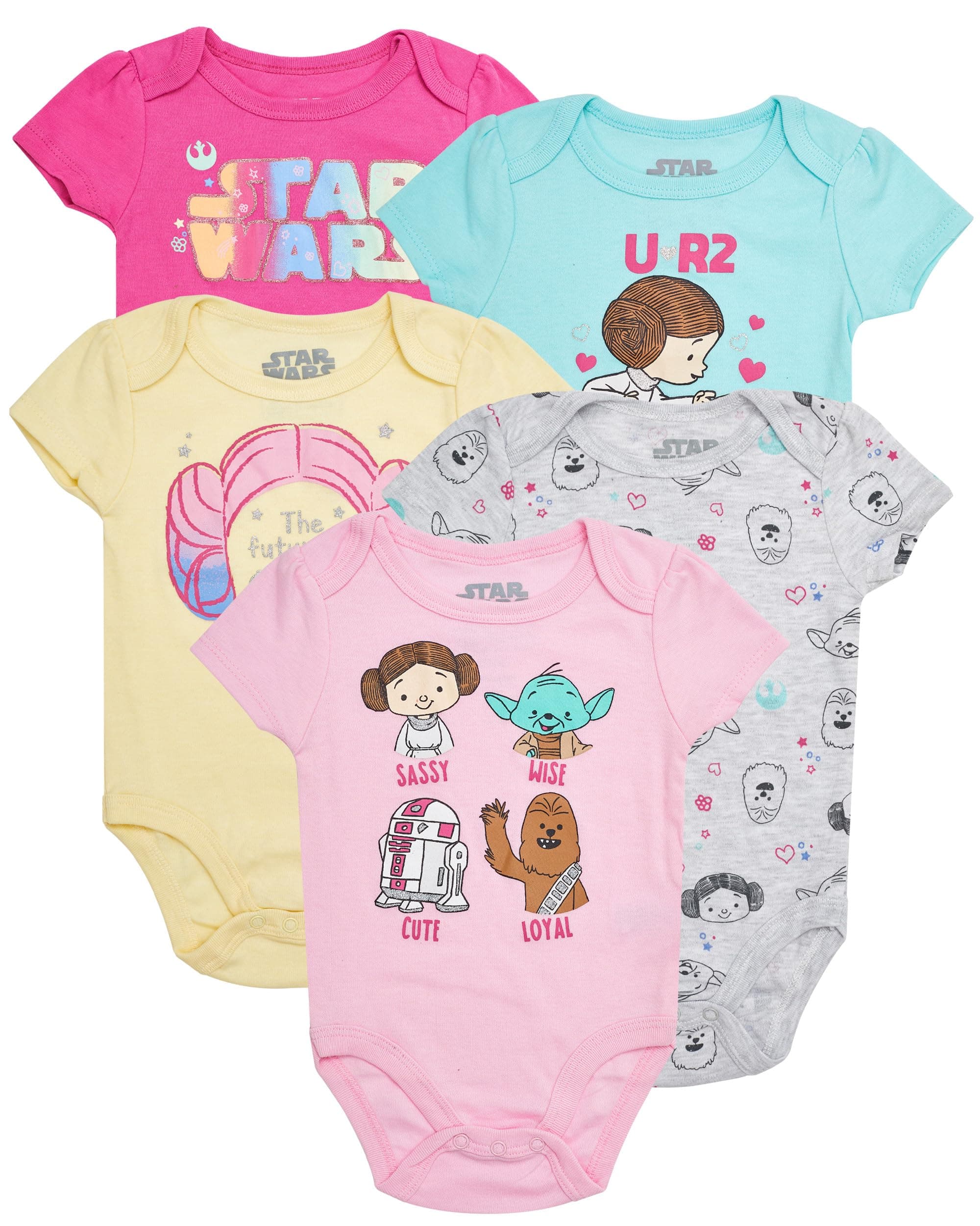 STAR WARS Baby Girls Bodysuits 5-Pack - Baby Girls' Bodysuits 5-Pack with Princess Leia, R2-D2, Yoda Baby Clothes