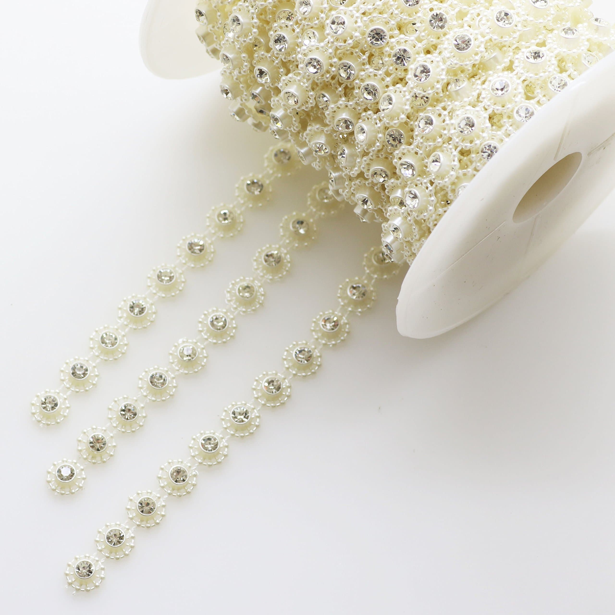 10 Yards 2/5" Width Ivory Flower Pearl Rhinestone Chain Sew On Trims Wedding Dress Decoration Garland Flowers Wedding Party Decoration Bridal Bouquet
