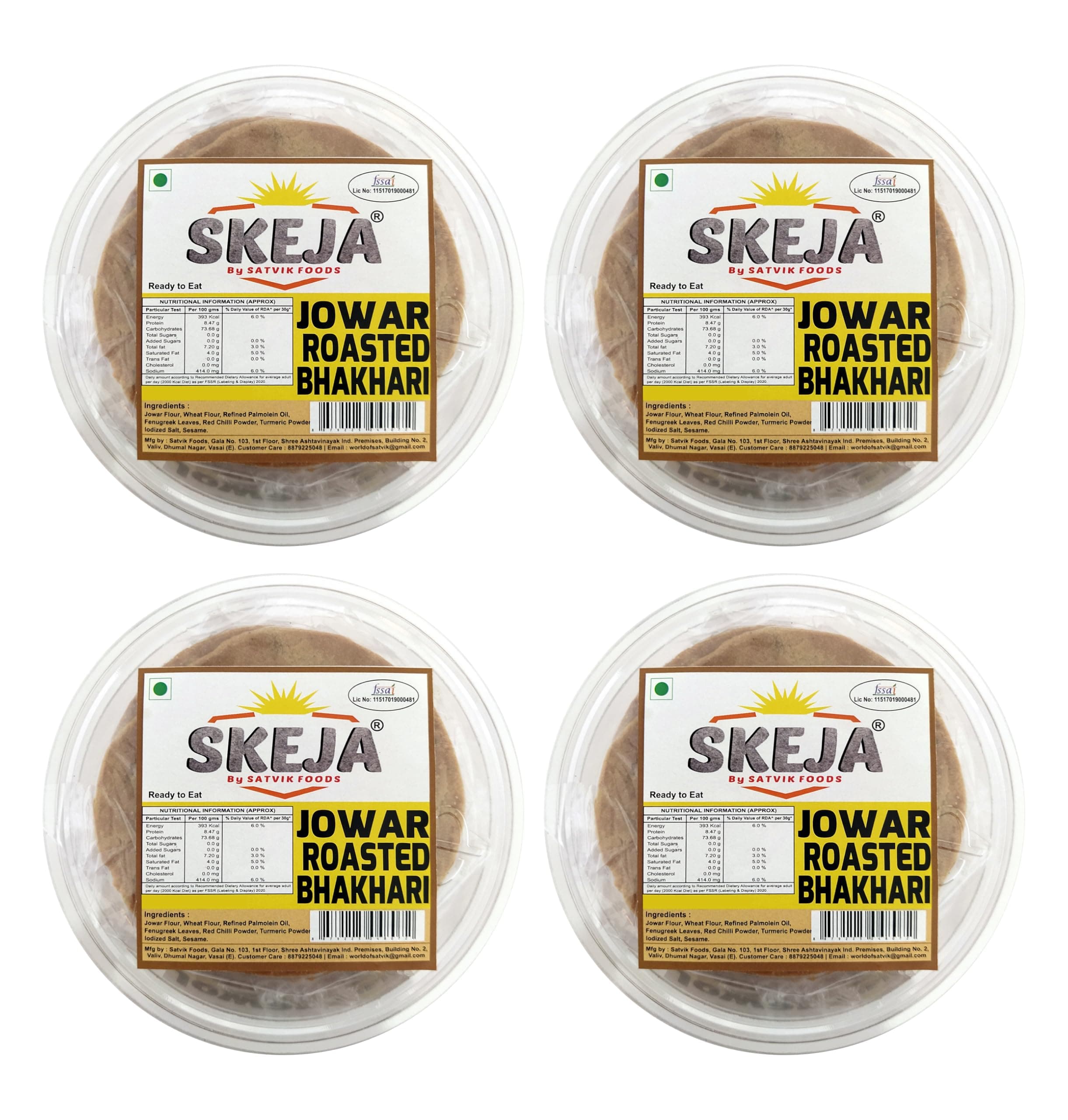 SKEJA by Satvik Foods Roasted Jowar Bhakhari | Roasted Bhakhri | Jowar Bhakri 180 gram (Pack of 4)