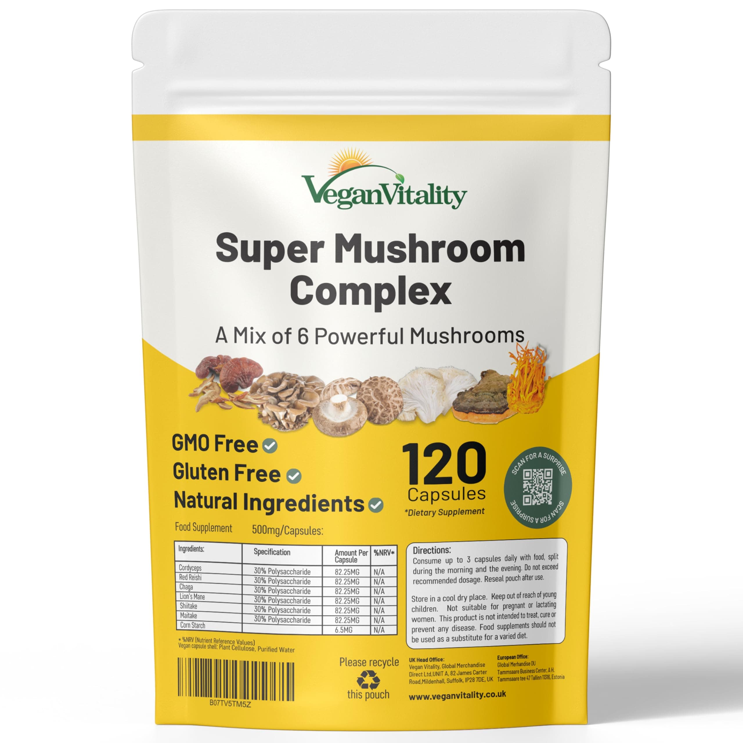 Super Mushroom Complex. High Strength Formula of 6 Mushrooms - Lions Mane, Reishi, Chaga, Shitake, Cordyceps & Maitake. 120 Capsules. 500mg Per Capsule.