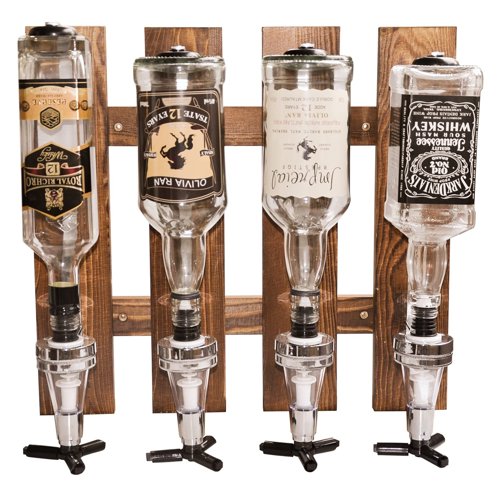 4-Bottle Wall Mounted Liquor Dispenser, Wooden Wall Shelf for Home Bar, Glass Drink Dispenser for Parties