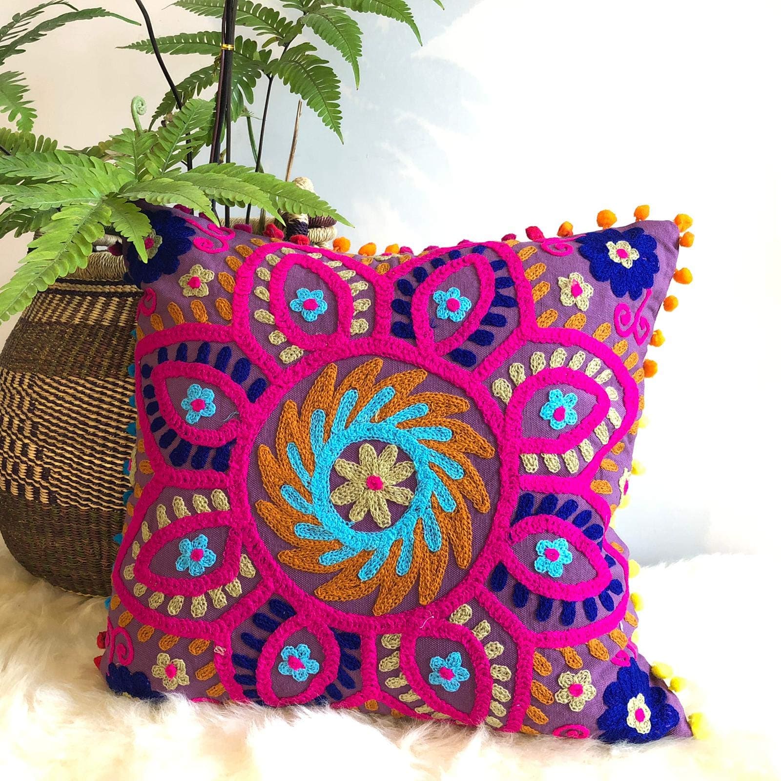 Traditional Jaipur Suzani Pillows, Embroidered Cushion Cover 16x16, Decorative Throw Pillow Case, Indian Pom Pom Outdoor Cushions, Boho Pillow Shams