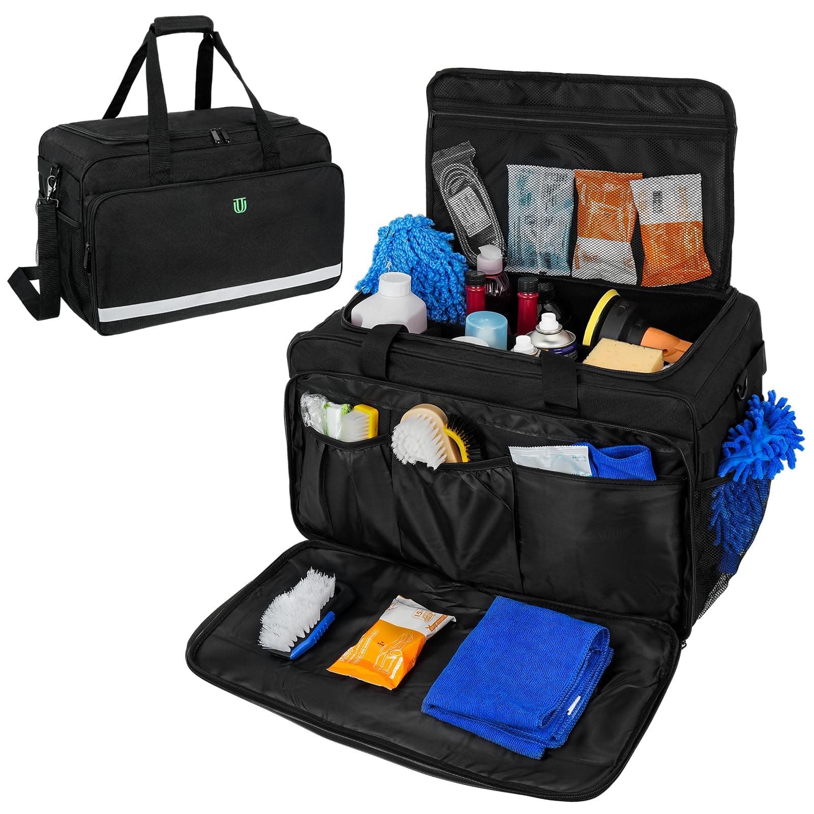 Large Car Detailing Bag, Cleaning Caddy with Lid and Handle for Auto Detailing Supplies, Car Cleaning Storage Trunk Organizer for Polisher and Vehicle Wash Tools, Black