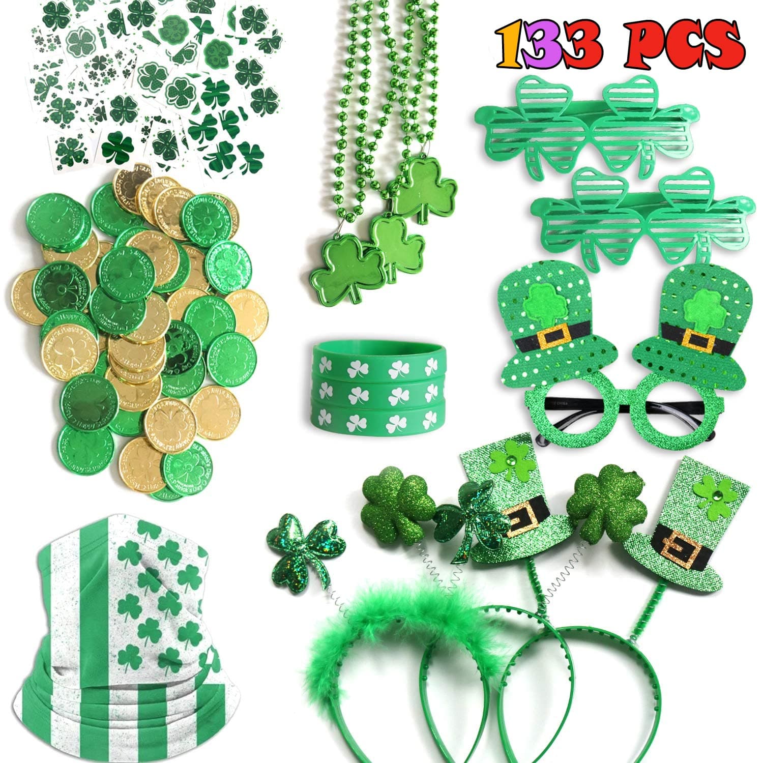 133 Pcs St Patricks Day Accessory Gaiter,Headband,Necklace,Glasses,Mask,Bracelets,Tattoos