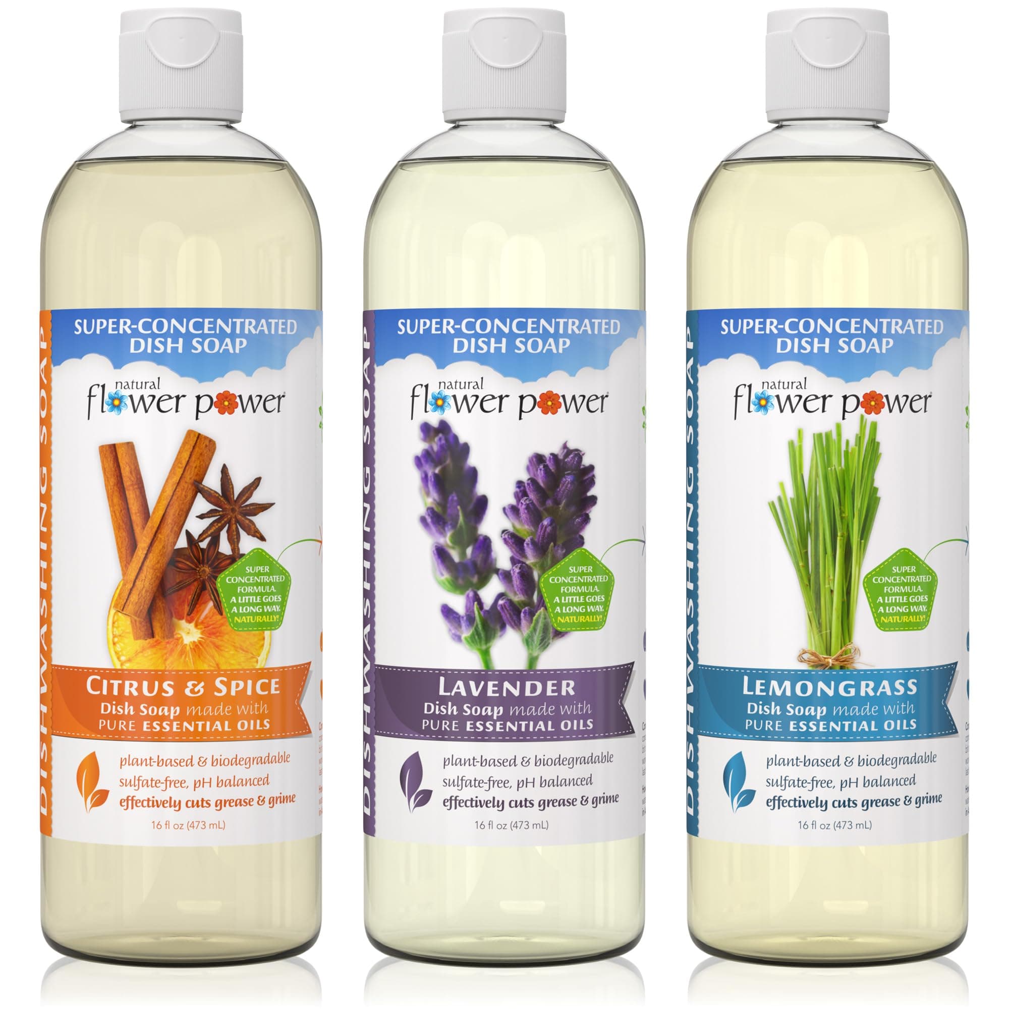 Natural Flower Power Liquid Dish Soap – Variety Pack – Citrus & Spice, Lemongrass, & Lavender – Plant-Based & Scented w/ Pure Essential Oils – Sulfate-Free Kitchen Soap – Vegan (16 Fl Oz 3 Pack)