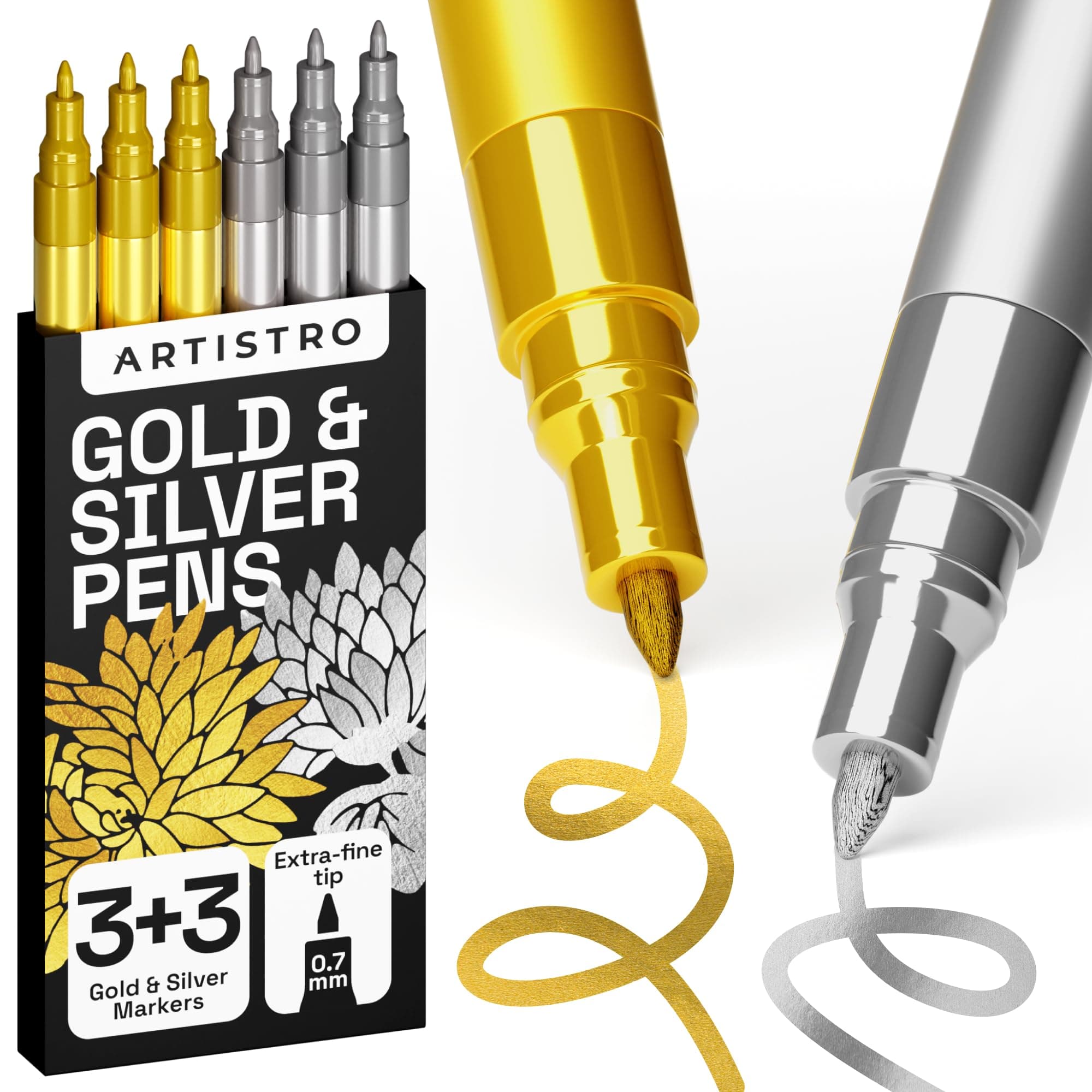 ARTISTRO 6 Gold & Silver Metallic Acrylic Paint Pens – 0.7mm Extra Fine Tip Paint Pens for Crafts, Rock Painting, Greeting Cards, Ornament Decor, DIY Art