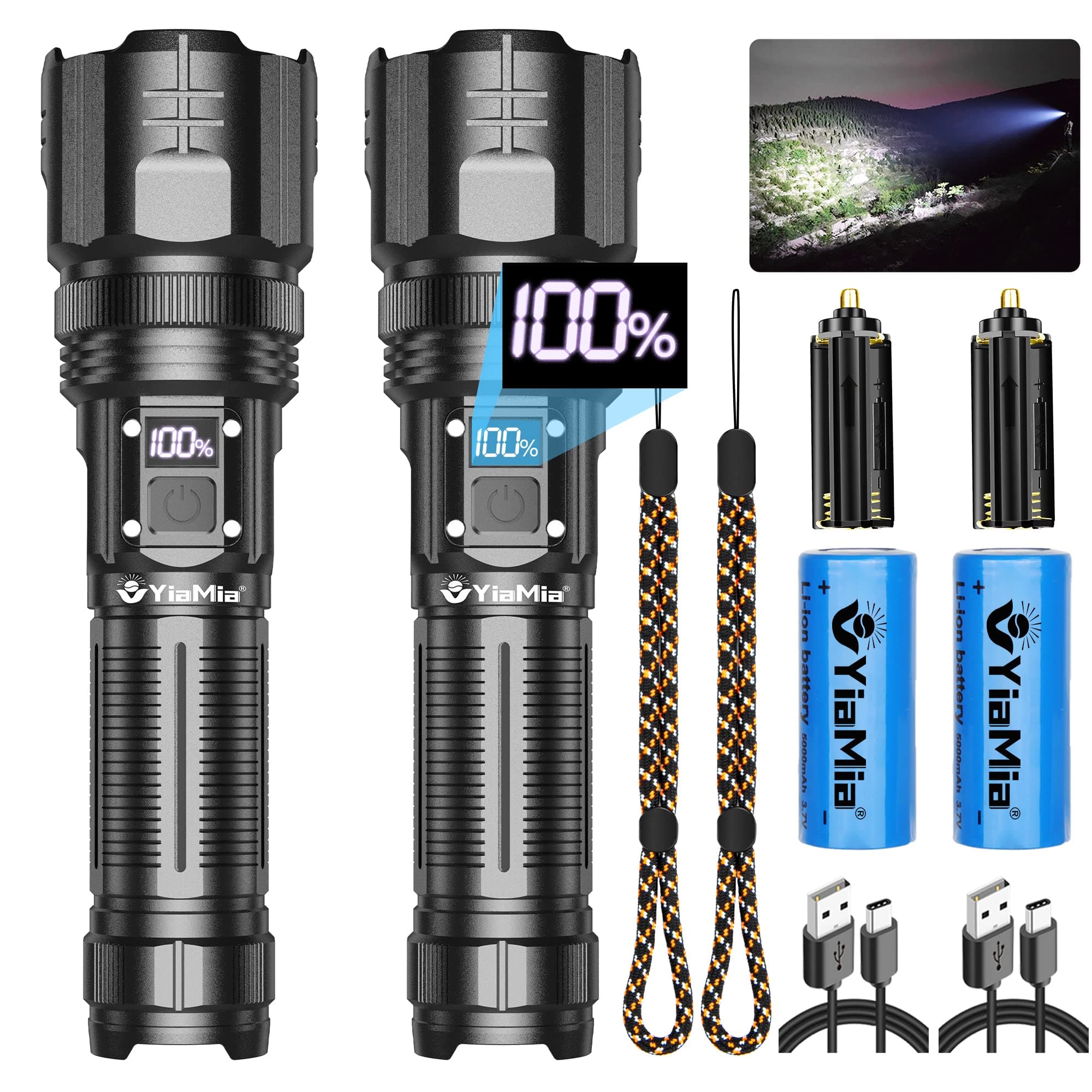 YiaMia Rechargeable Flashlights, 150000 Lumens Ultra Bright, High Powered Flashlight, Waterproof LED Super Bright Flashlight with with USB Input Output for Emergencies, Camping, and More(2pack)