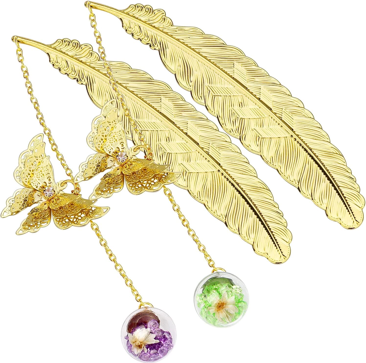 ZIZZON Metal Feather Bookmark with 3D Butterfly Pendant Christmas Thanksgiving Unique Gift for Book Lover Teacher Women and Girls 2 Pack