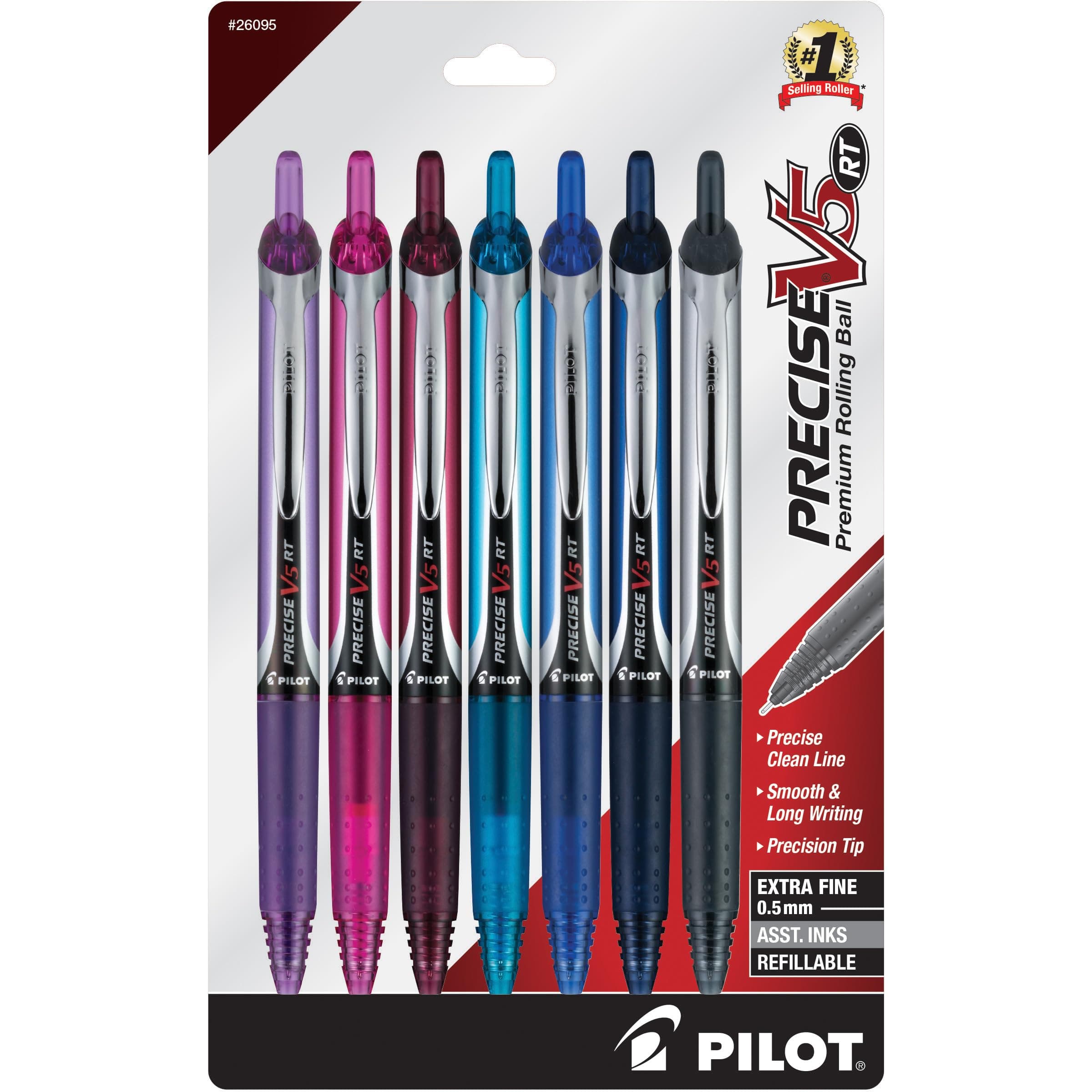 PILOT Pen 26095 Precise V5 RT Refillable & Retractable Premium Rolling Ball Pens, Extra Fine Point (0.5mm), Assorted Colors, 7 count