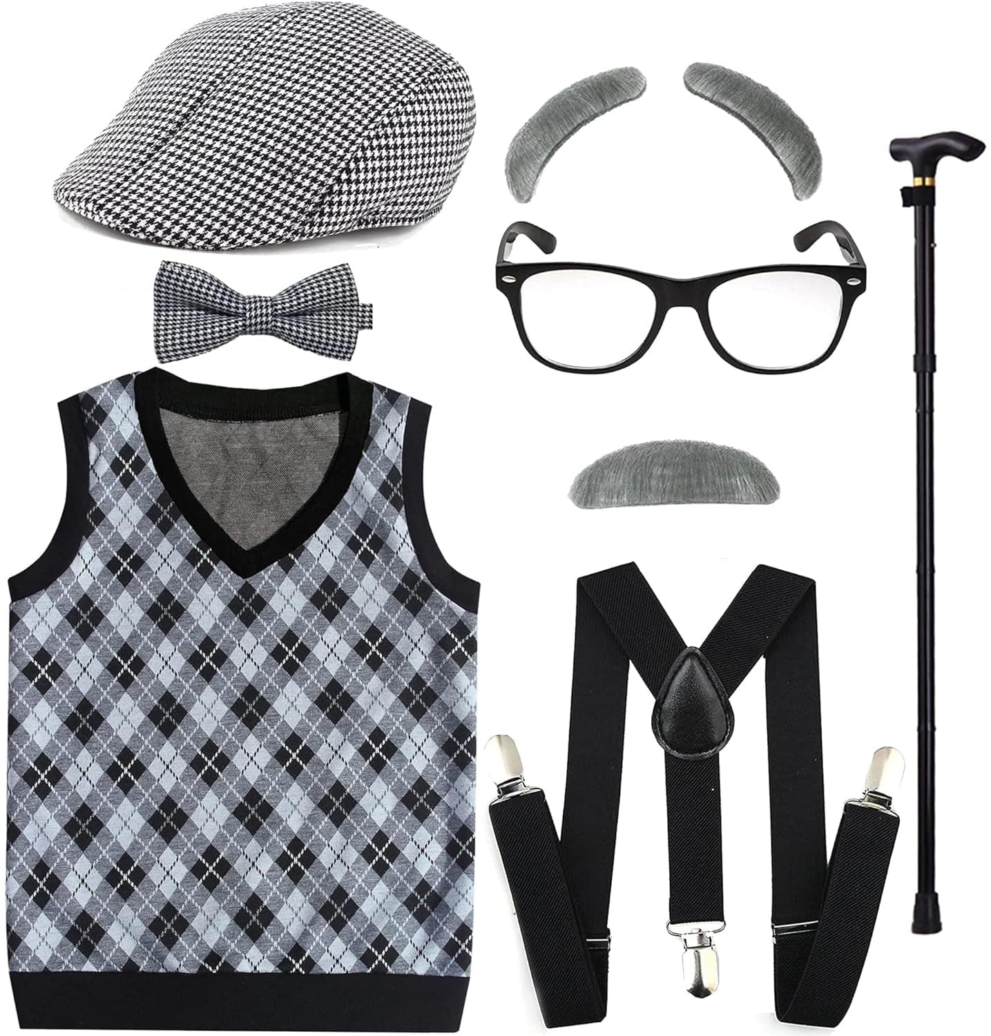 EFORLEDEFORLED Kids 100 Days of School Costume for Boys - Halloween Old Man Costume Hat, Glasses and Grandpa Vest Set for Child,LightGrey1-8