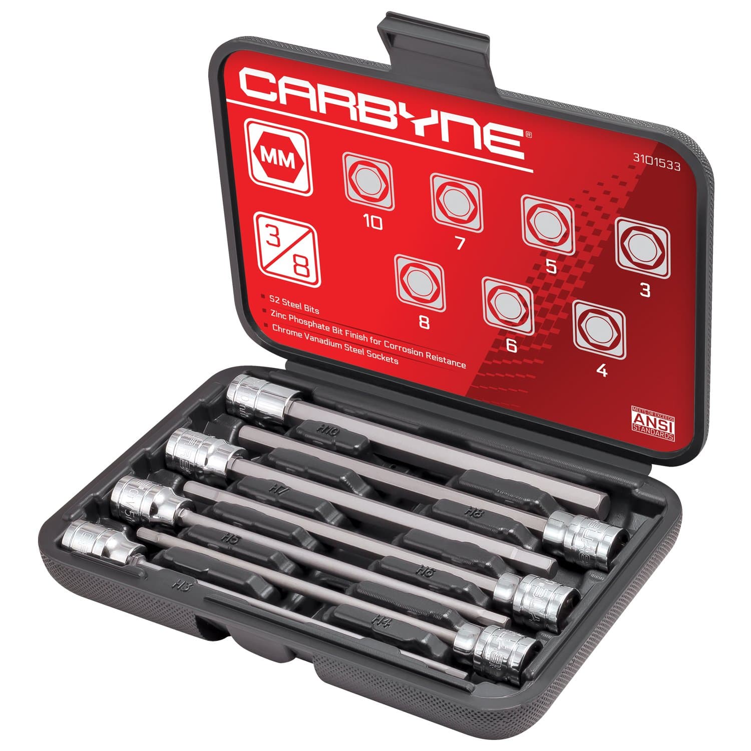 7-Piece Metric Extra Long Hex (Allen) Bit Socket Set, 3mm to 10mm, 3/8 in. Drive, S2 Steel Bits, CrV Sockets, 6.1 in. Overall Length for Deep-Reach Access, Durable Storage Case