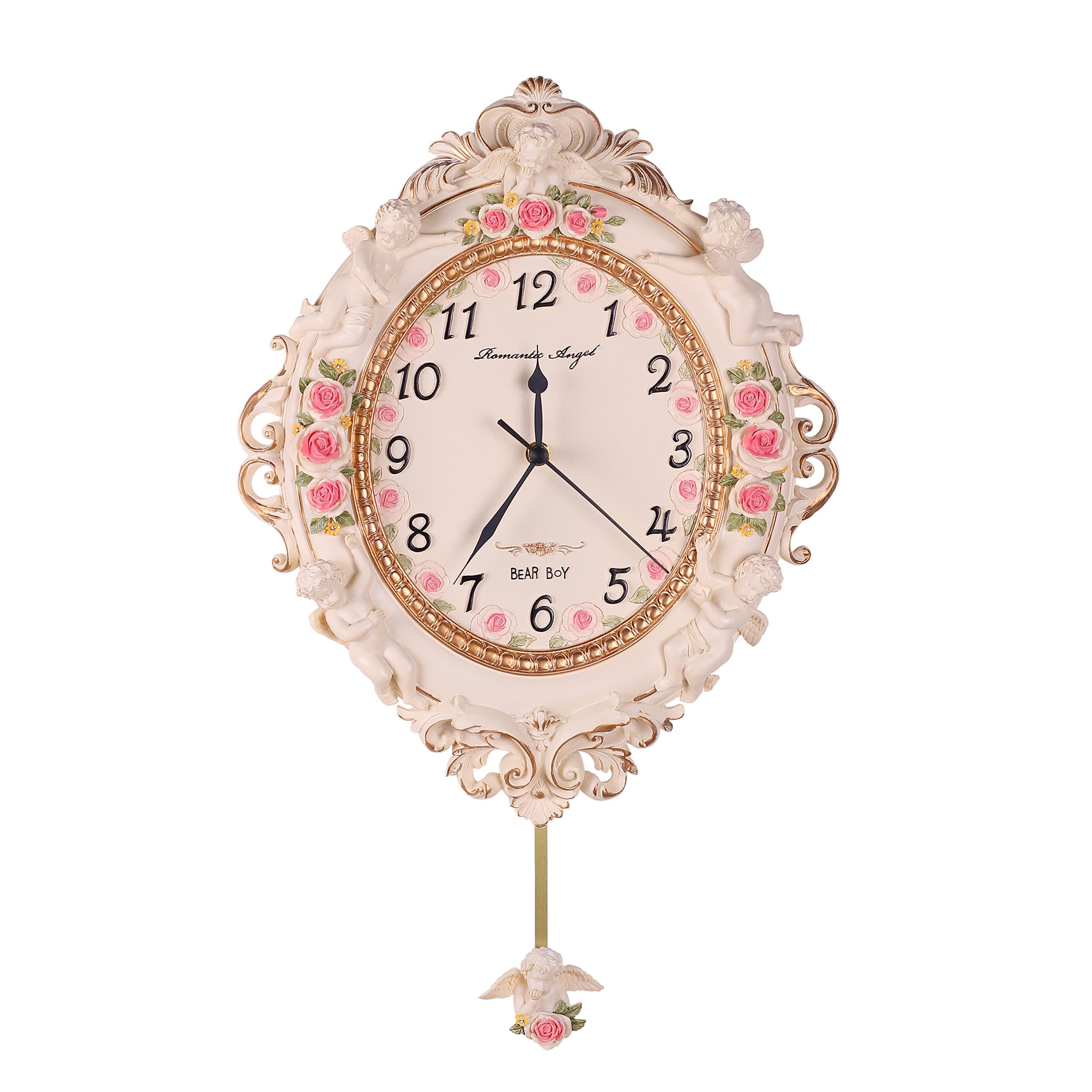 3D Hand Carved European Style Silent Angel Decorative Gift Resin Wall Clock, 13" L x 16.5" H