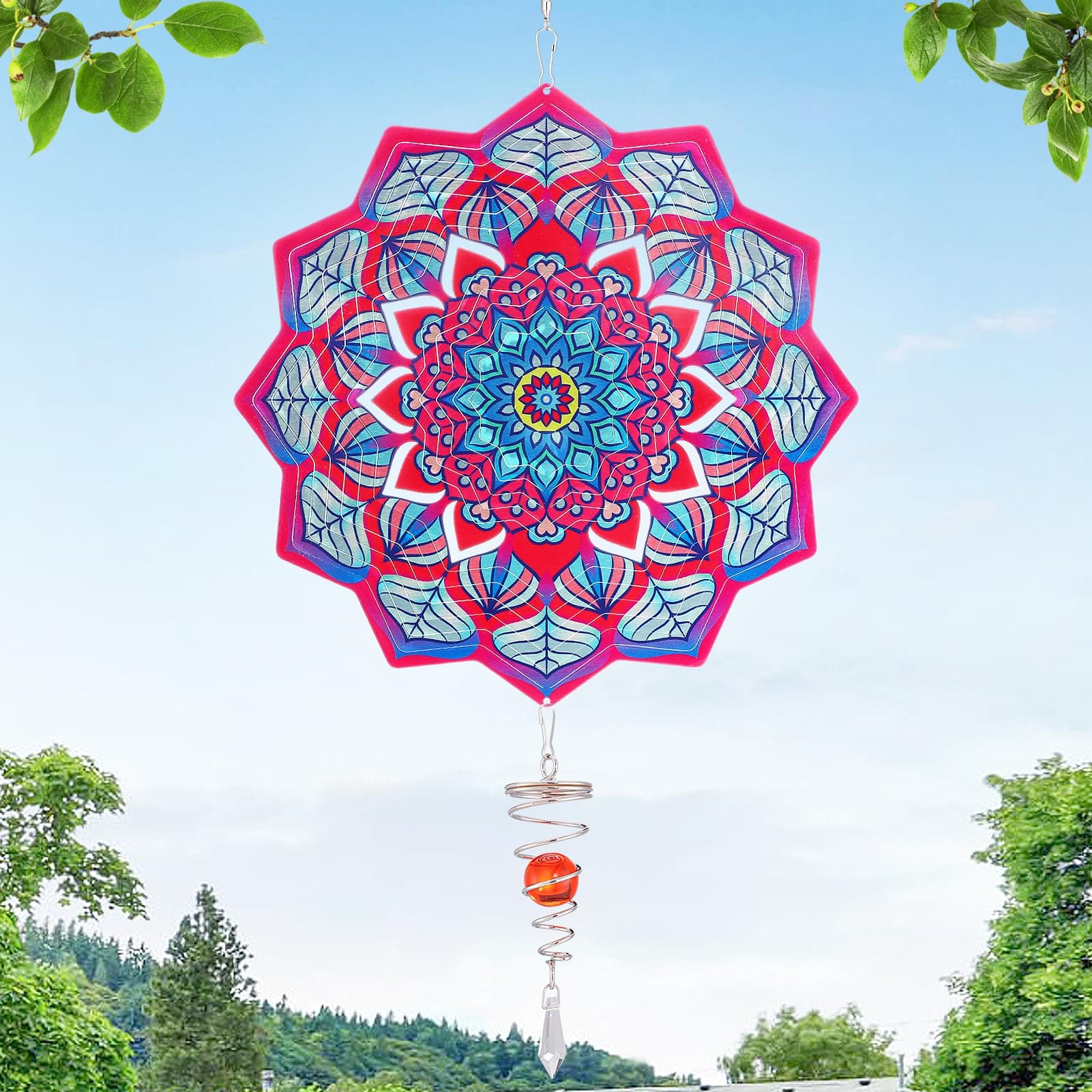 曼荼羅風スピナー - 3Dステンレススチール ガーデンスピナー ボールスパイラルテール付き キネティックハンギングウィンドキャッチャー彫刻 庭 アートウィンドウ 屋内屋外装飾 レッド