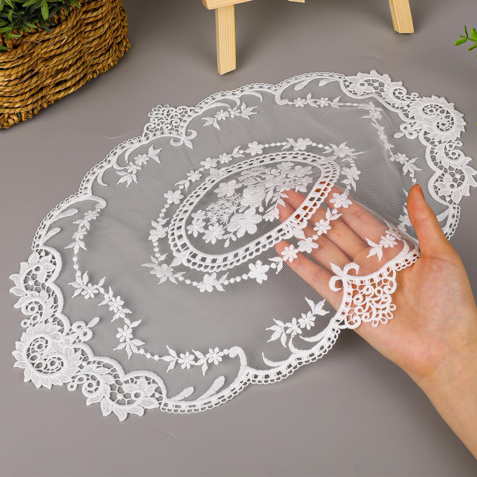 KALIONE 2 Pack Retro Lace Placemats French Crochet Doilies Table Mats Handmade Solid White Embroidered Lace Farmhouse Place Mats Cup Mat (Style 4) 12x16 inch