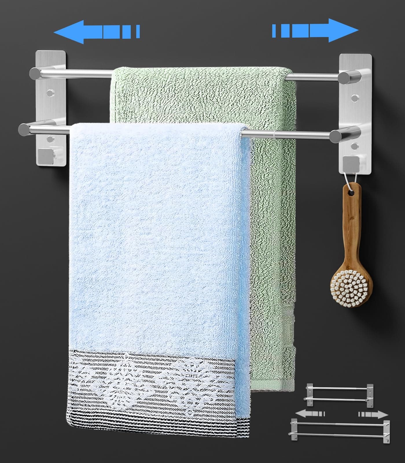 Mivcinn Towel Rail Wall Mounted (37-70CM) 14.6-27.6inch SUS304 Stainless Steel Towel Holders Self Adhesive 2-Tier Towel Rack with 2 Hooks Towel Shelf Bar Adjustable Towel Rack for Bathroom Kitchen