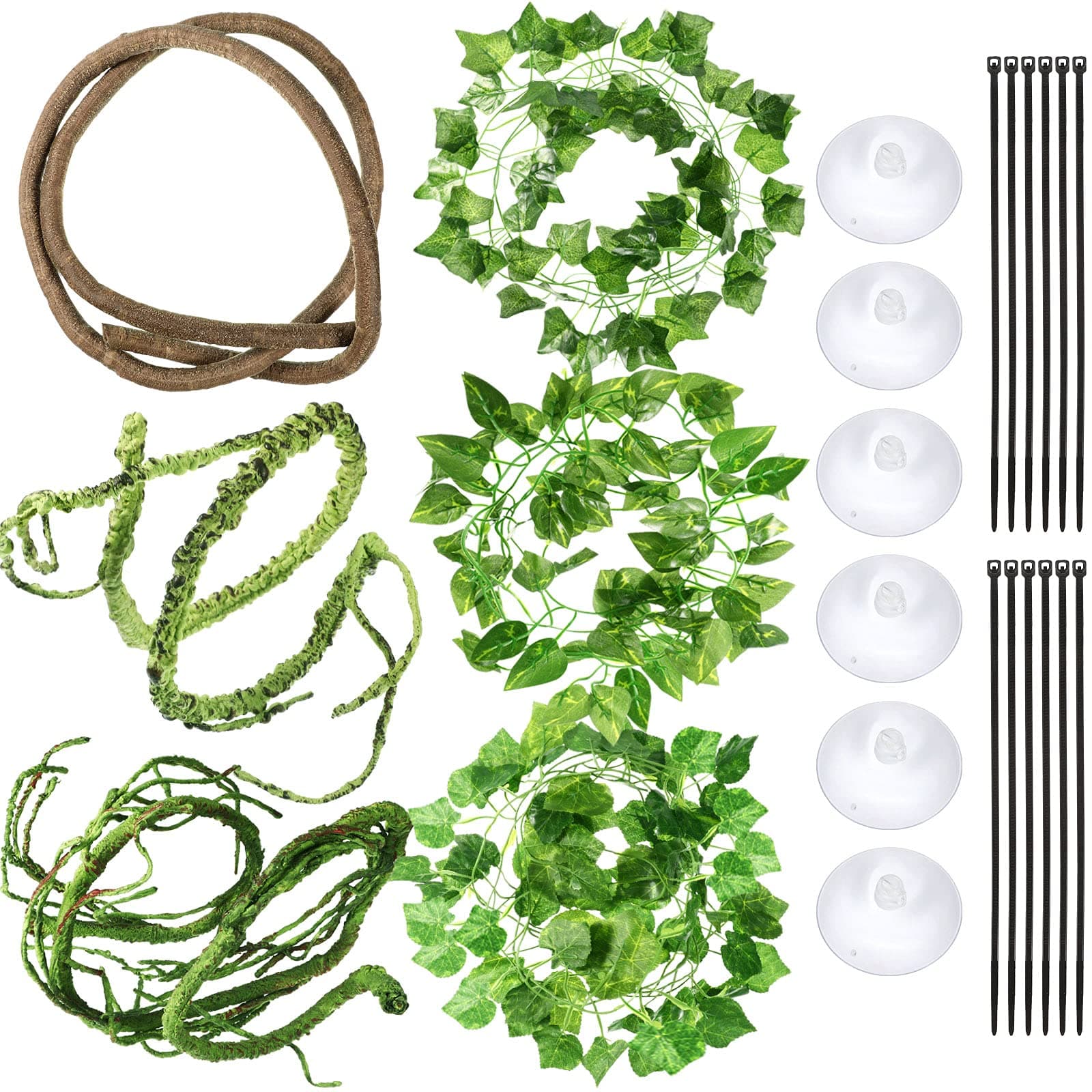 6 Pieces Reptile Terrarium Decoration Set Reptile Jungle Vines Artificial Plant Leaves with Suction Cups Pet Habitat Decor for Bearded Dragon, Chameleon Gecko Lizards Snakes Tree Frog More Reptiles