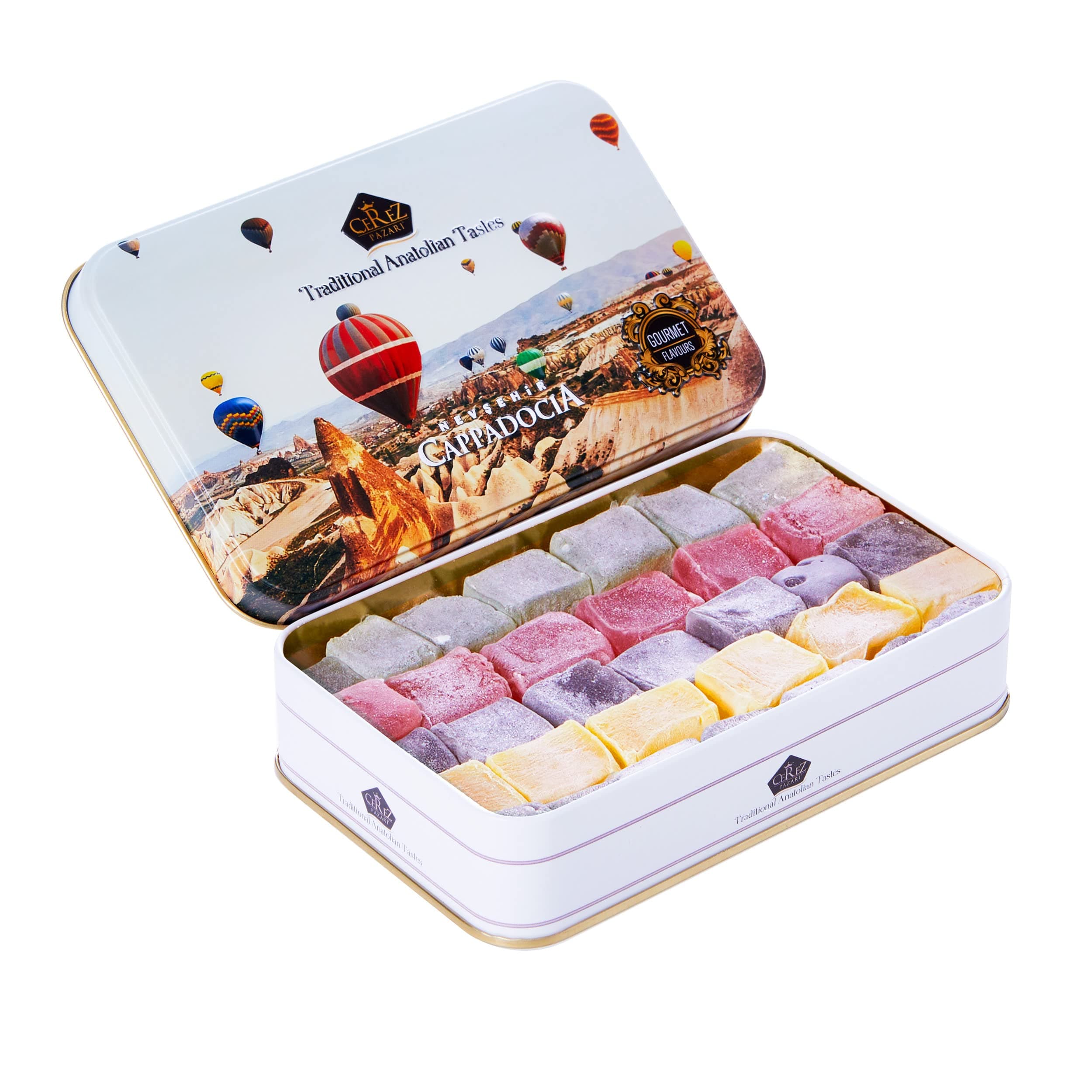 Cerez Pazari Turkish Delight Candy Gift Basket 320g, Luxury Lokum Dessert, Gourmet Christmas Holiday Corporate Food Gifts in Elegant Tin Box, With 5 Unique Flavors, No Nuts