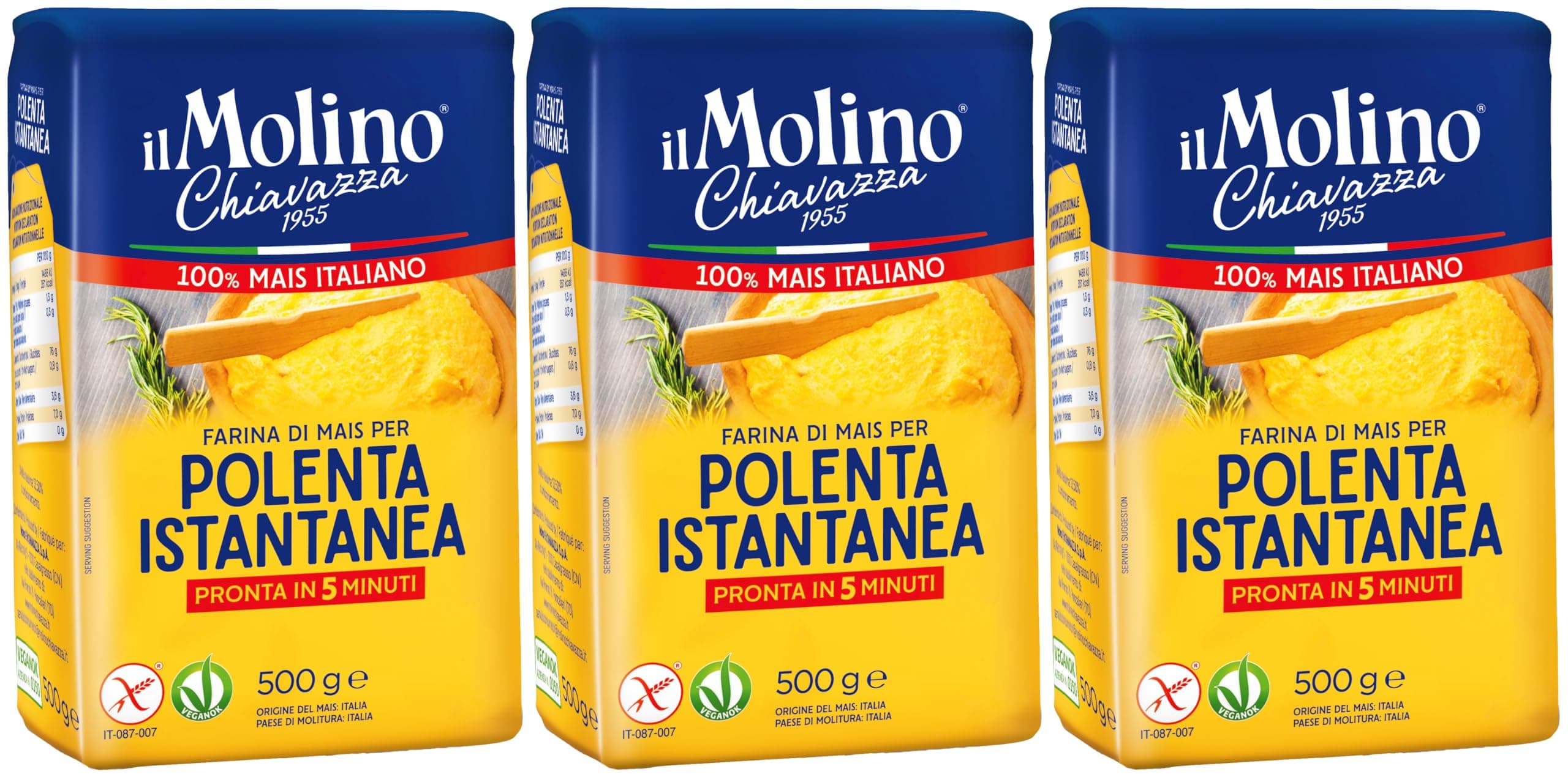 il Molino Chiavazza Italian Instant Polenta 500g - Pack of 3 | Vegan & Gluten-Free | Made with 100% Italian Corn | Polenta Istantanea