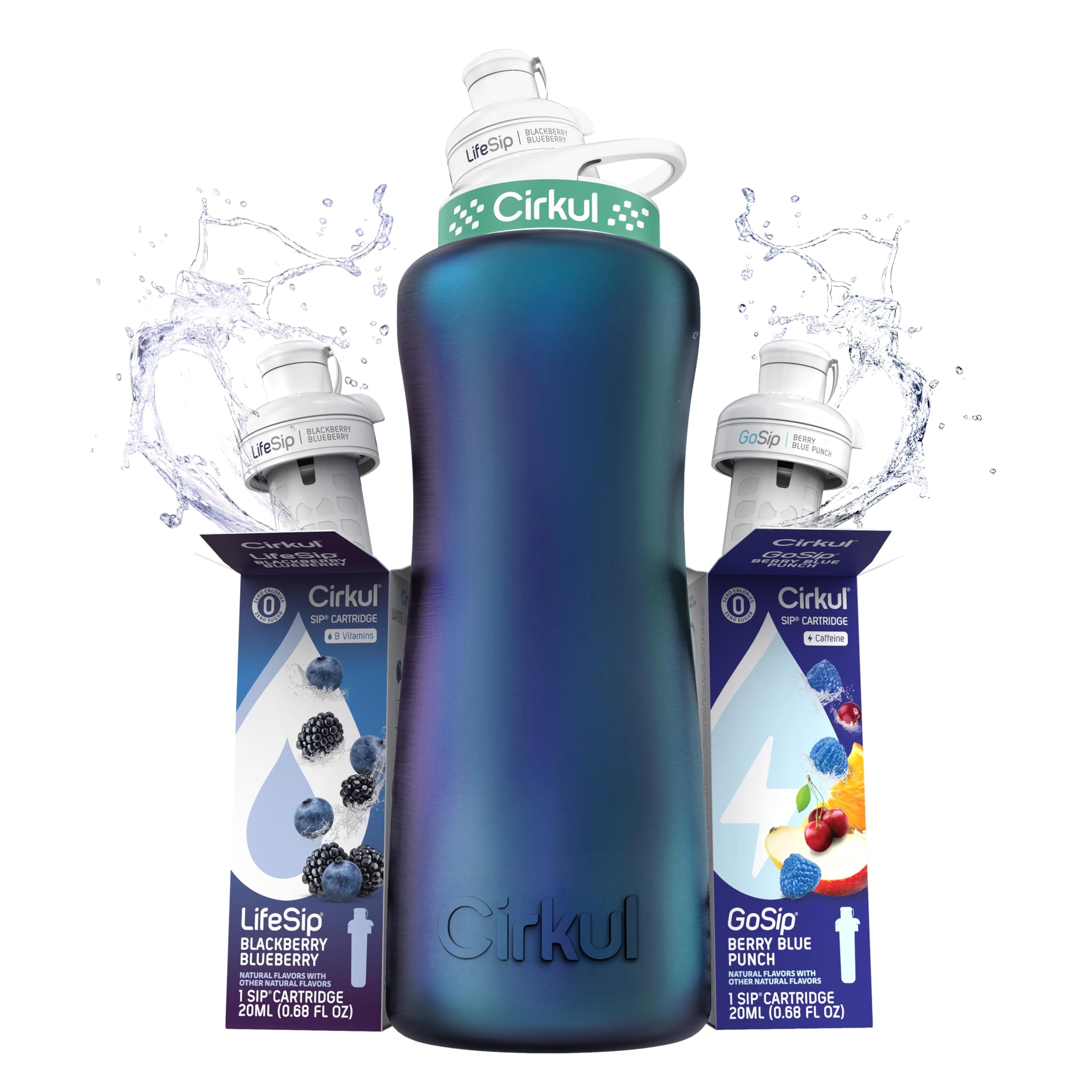 Cirkul 32oz. Chameleon Stainless Steel Water Bottle Starter Kit with Green Lid, 2 Flavor Cartridges (1 LifeSip Blackberry Blueberry, 1 GoSip Berry Blue Punch) Zero Calories and No Sugar